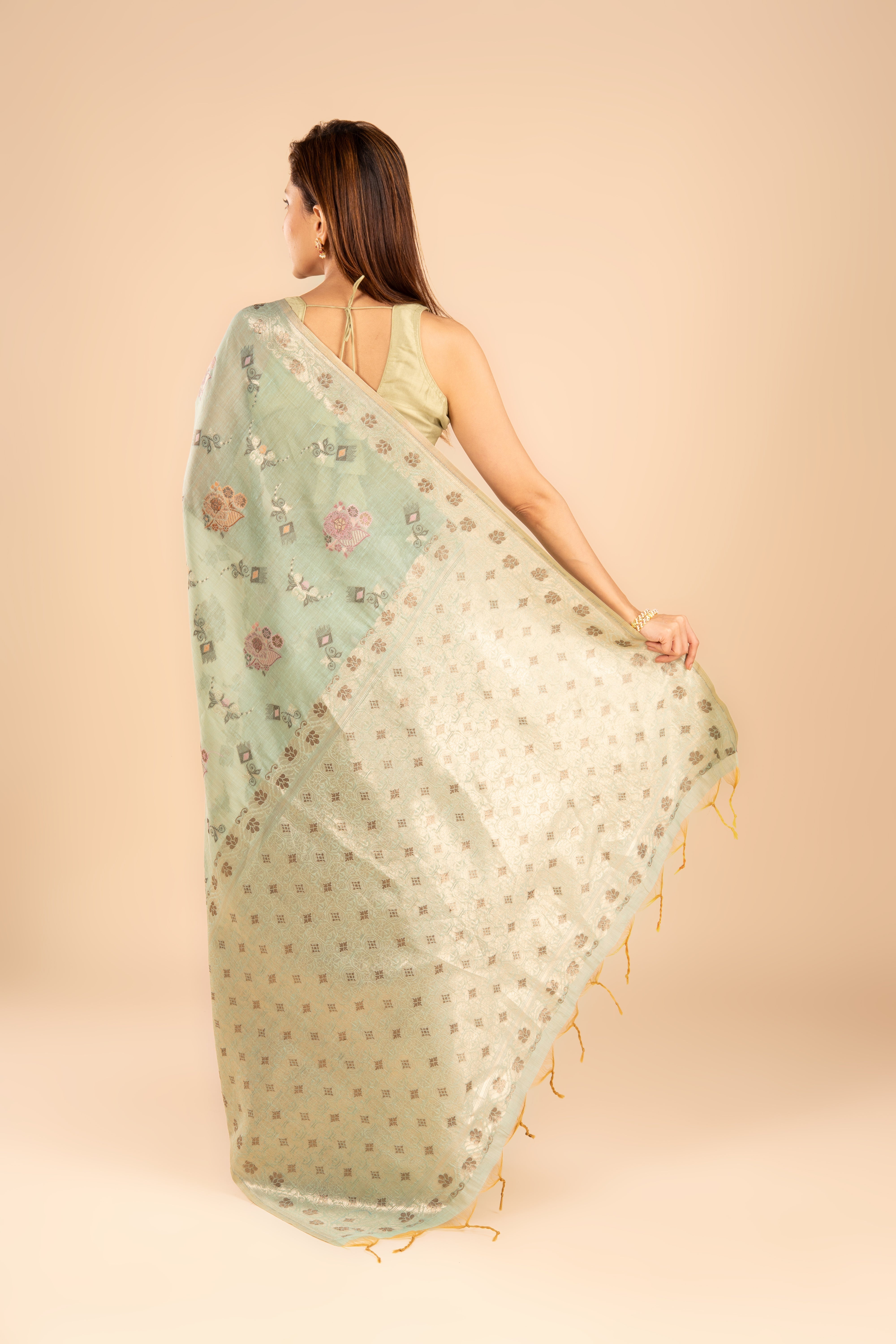Sea Green Silk Linen Saree