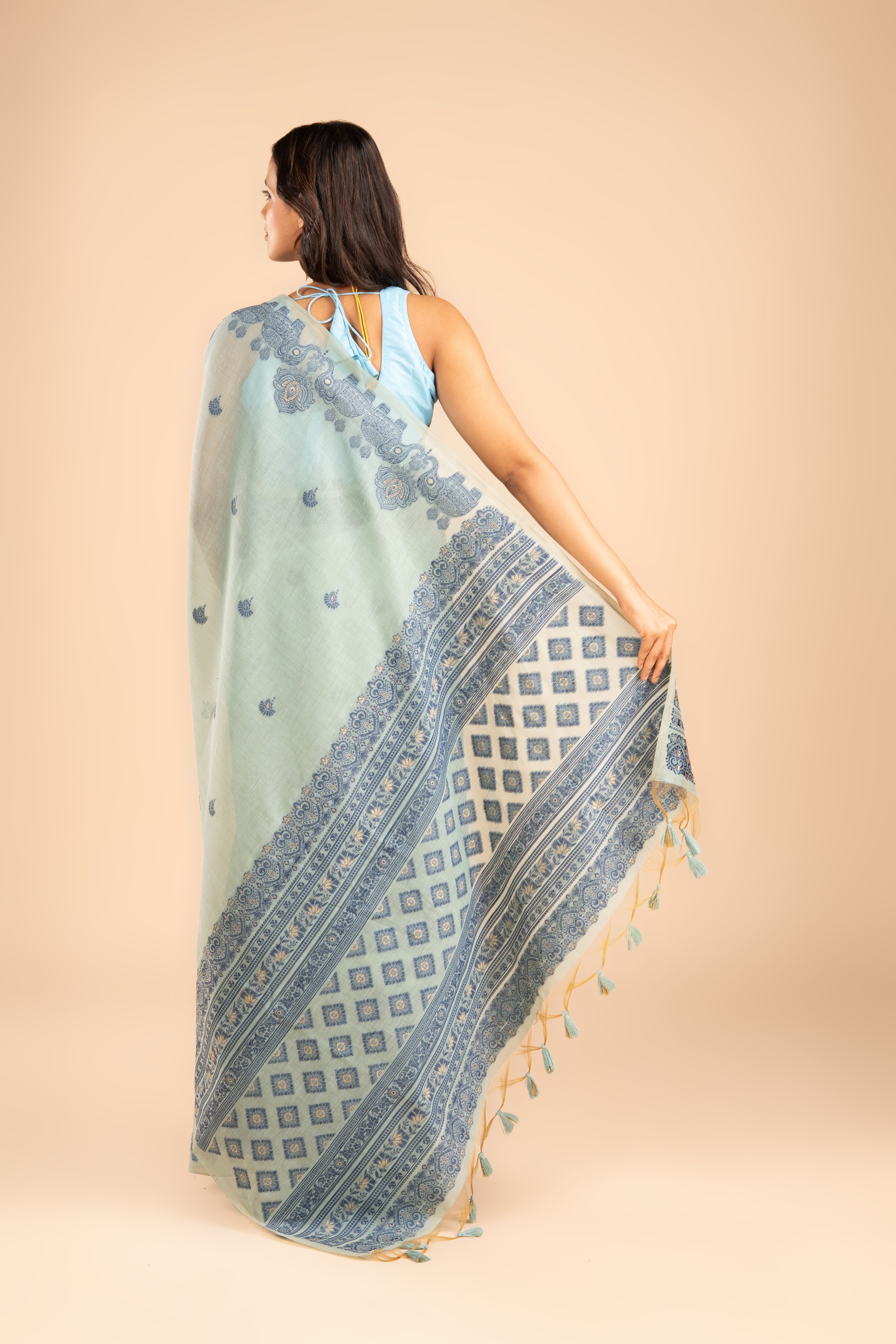 Sea Green Cotton Saree with Threadwork