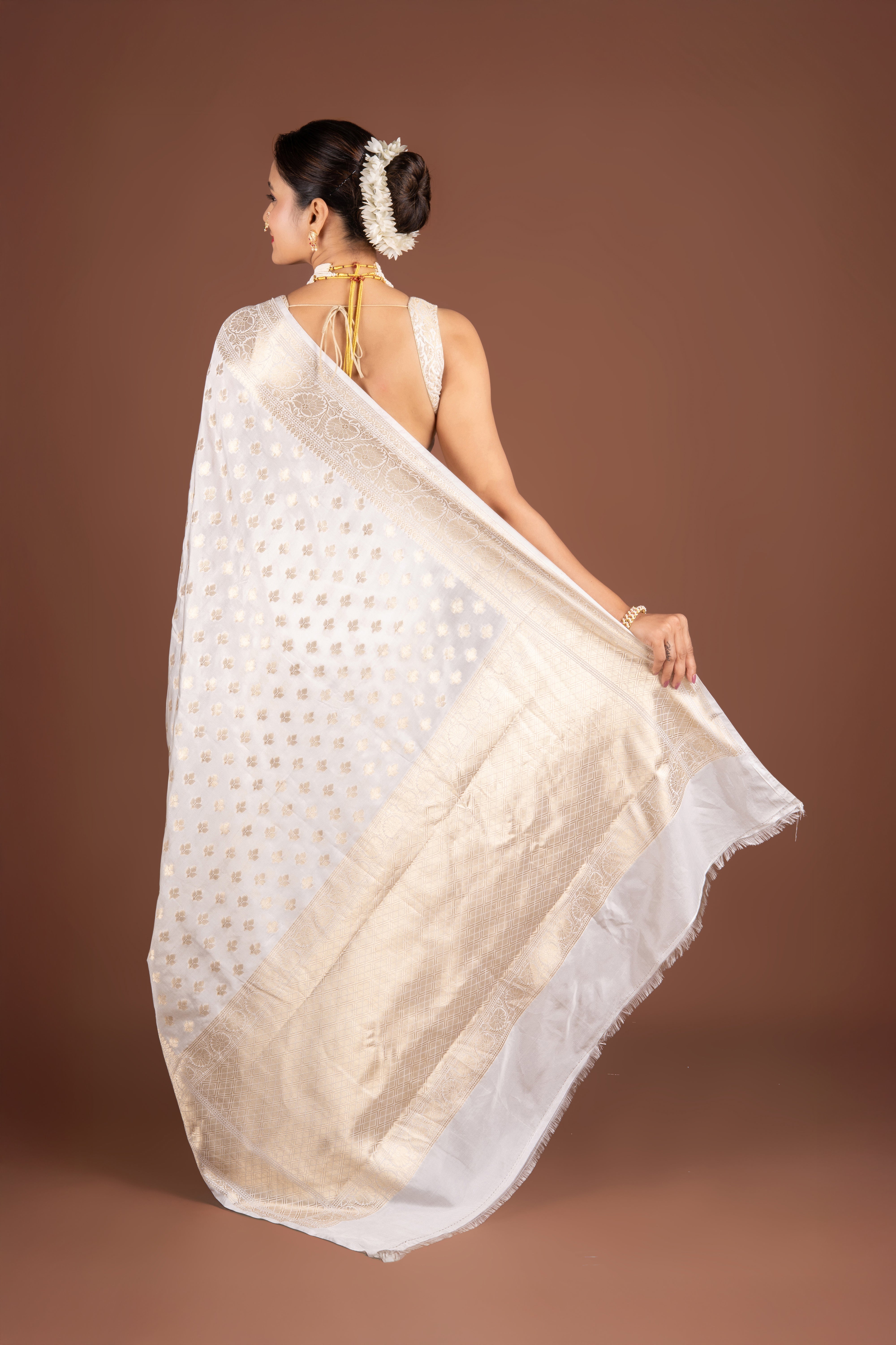 White Katan Silk Banarasi Saree
