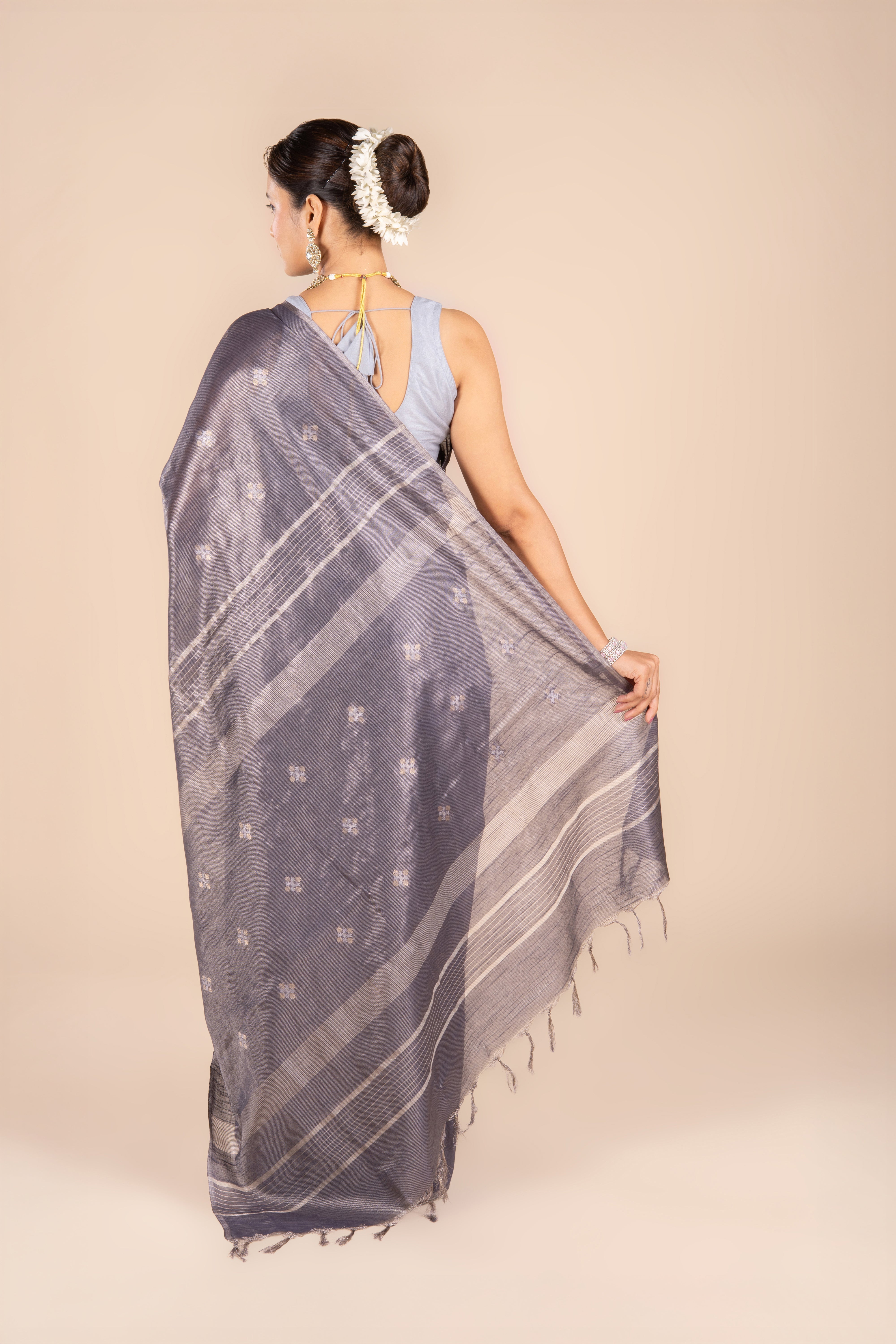 Grey Tussar Silk Saree