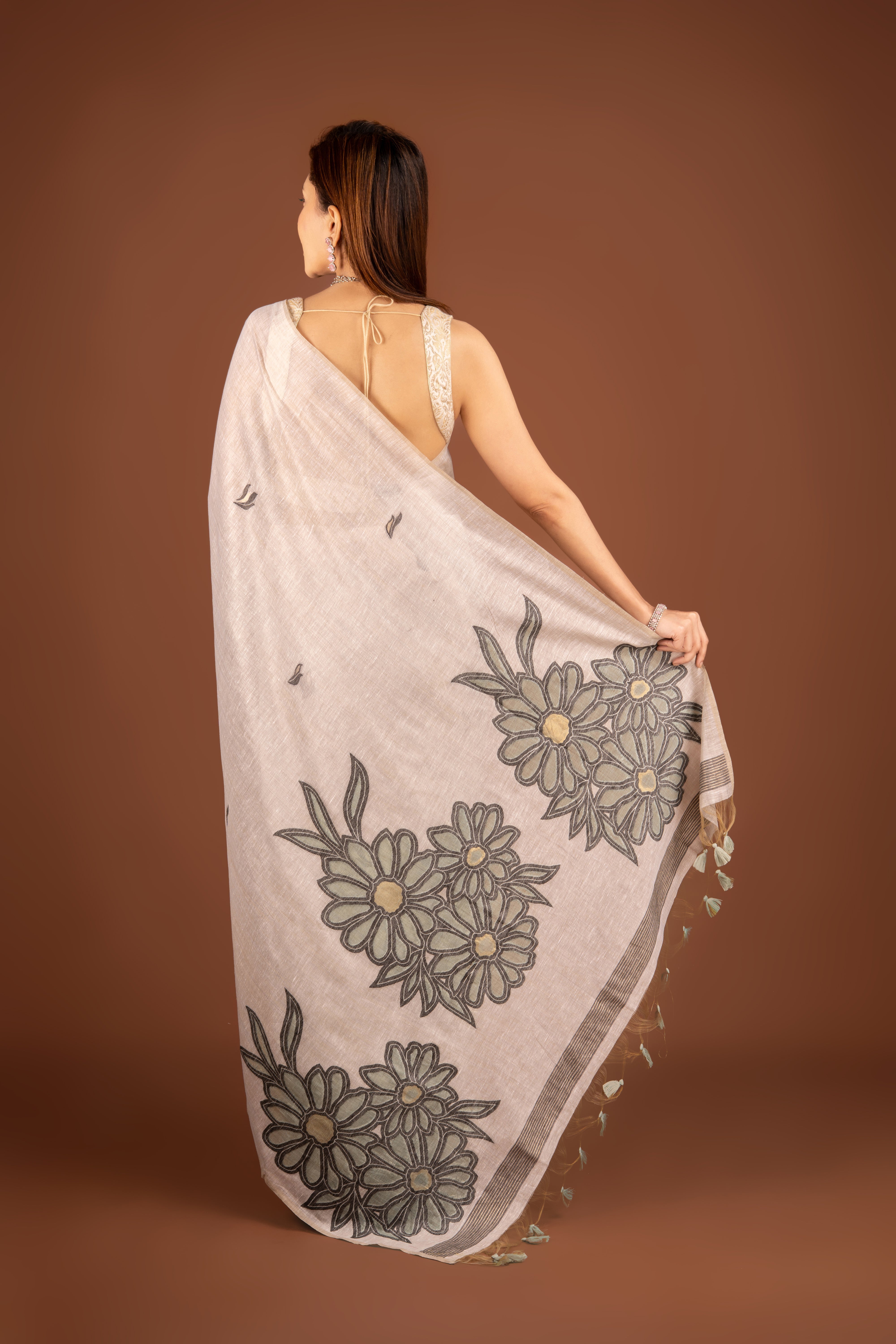 Cream Cotton Saree with Threadwork