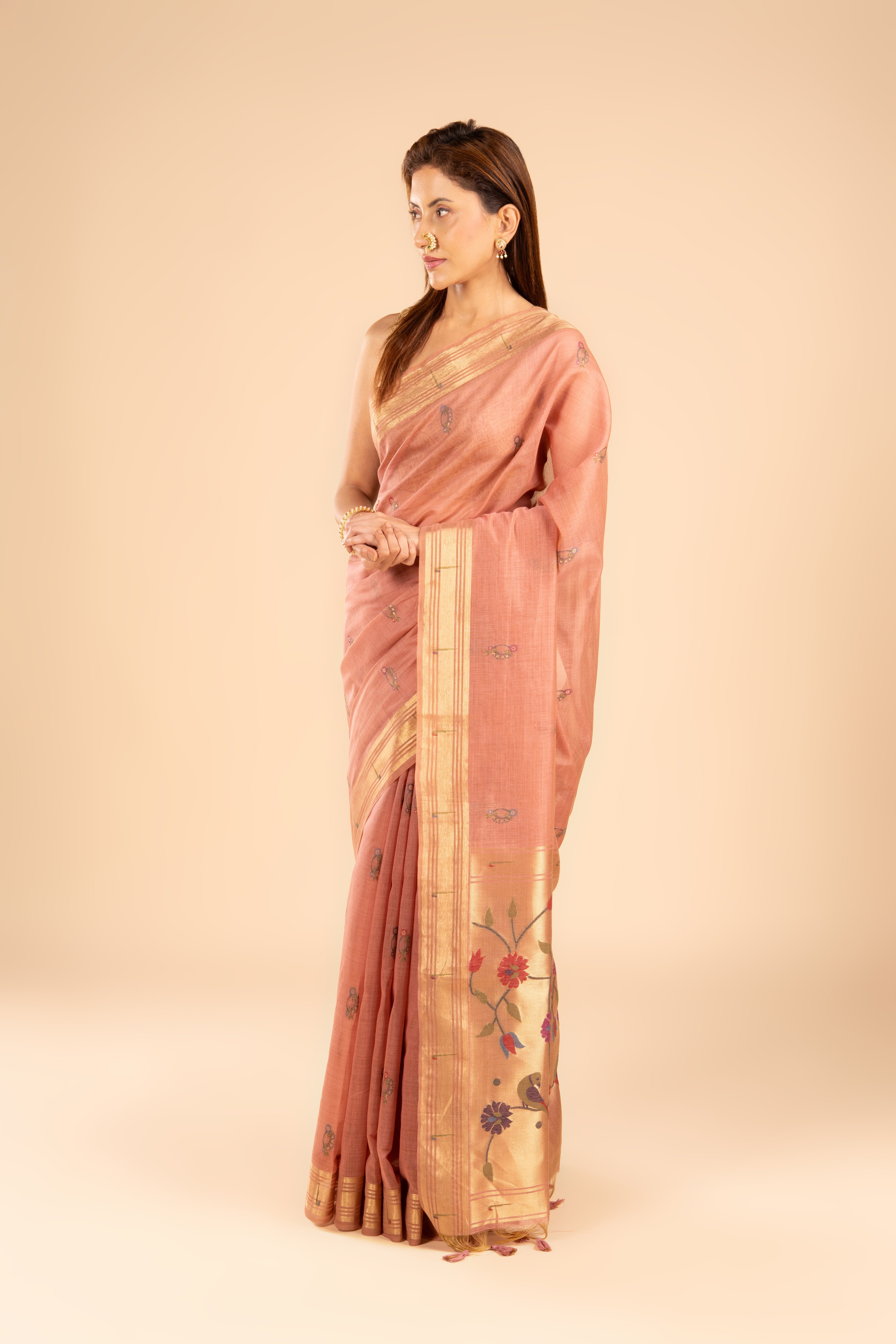 Dusty Pink Cotton Paithani Saree