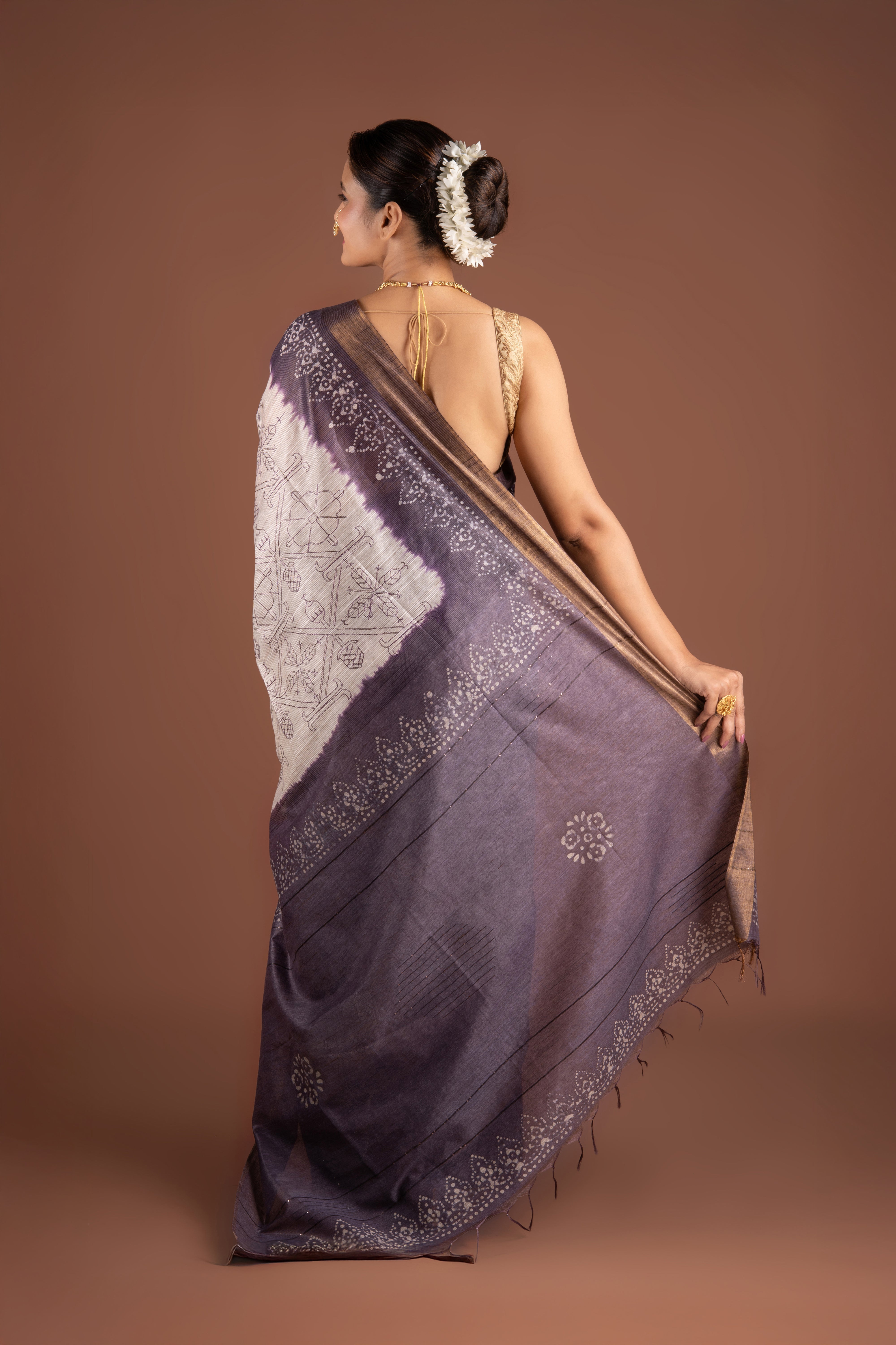 Cream and Purple Khadi Silk Saree with Batik Print