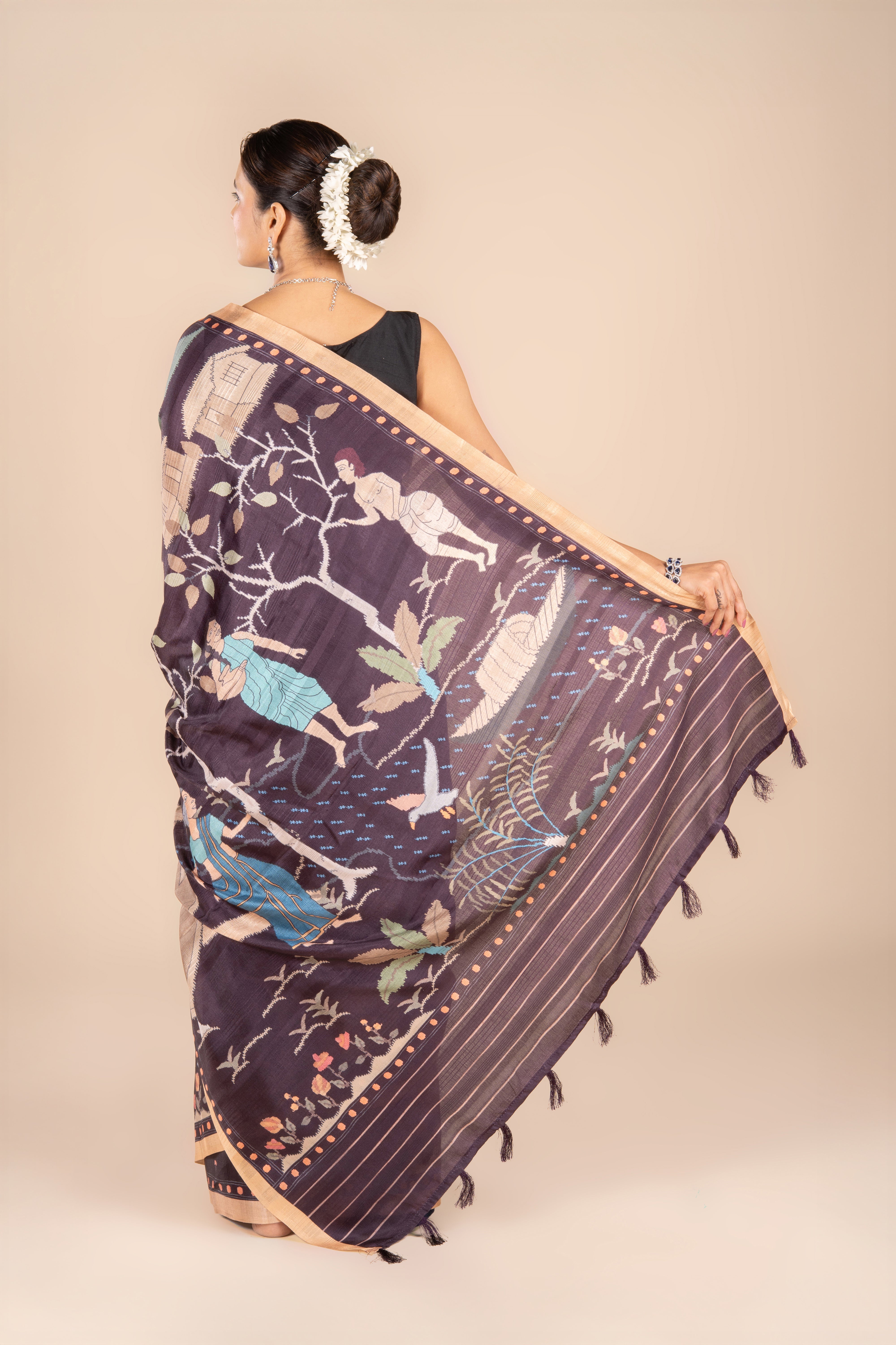 Brown Tussar Silk Saree with Ajrak Print