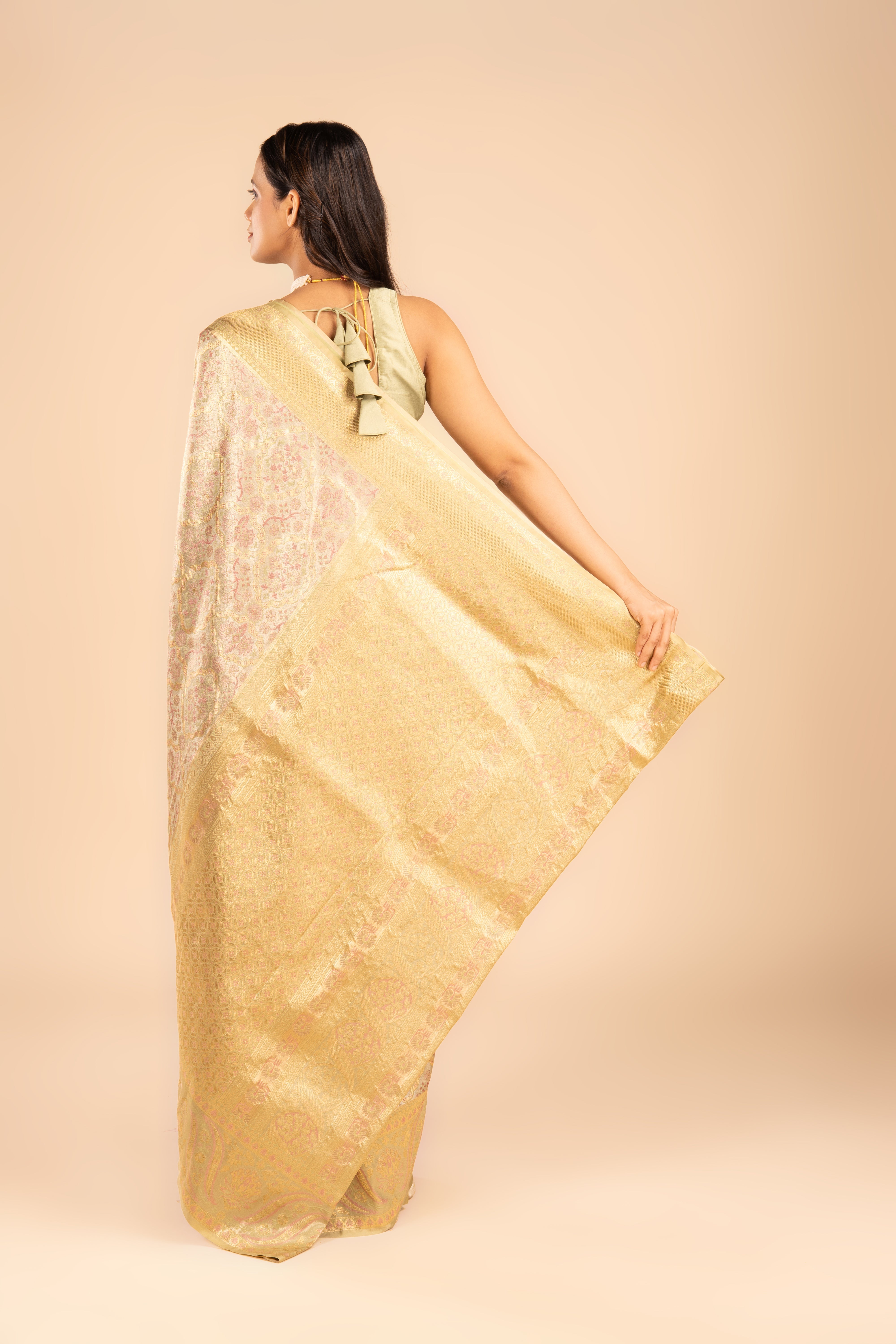 Golden Olive Tissue Silk Brocade Saree