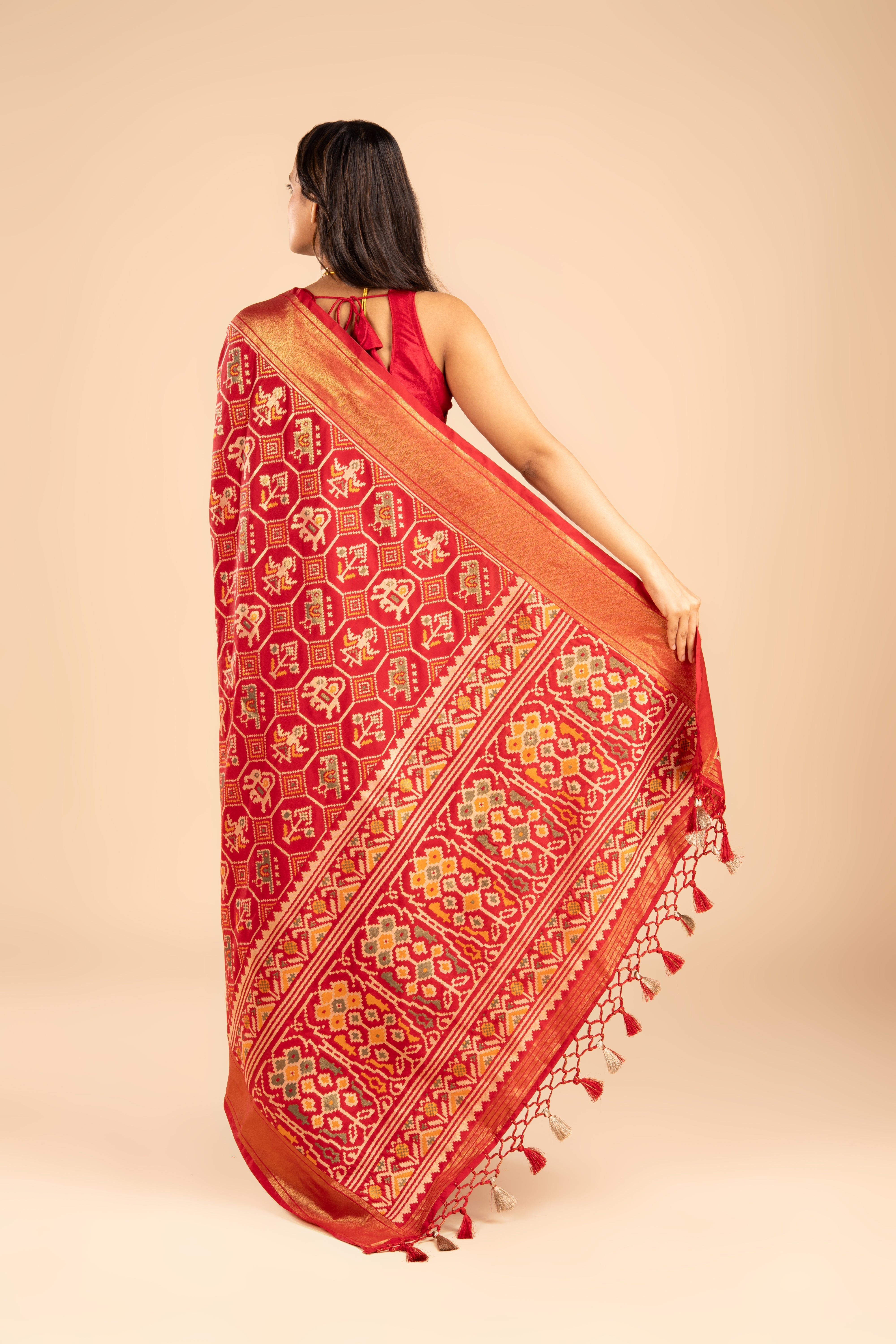 Red Katan Silk Ikkat Saree