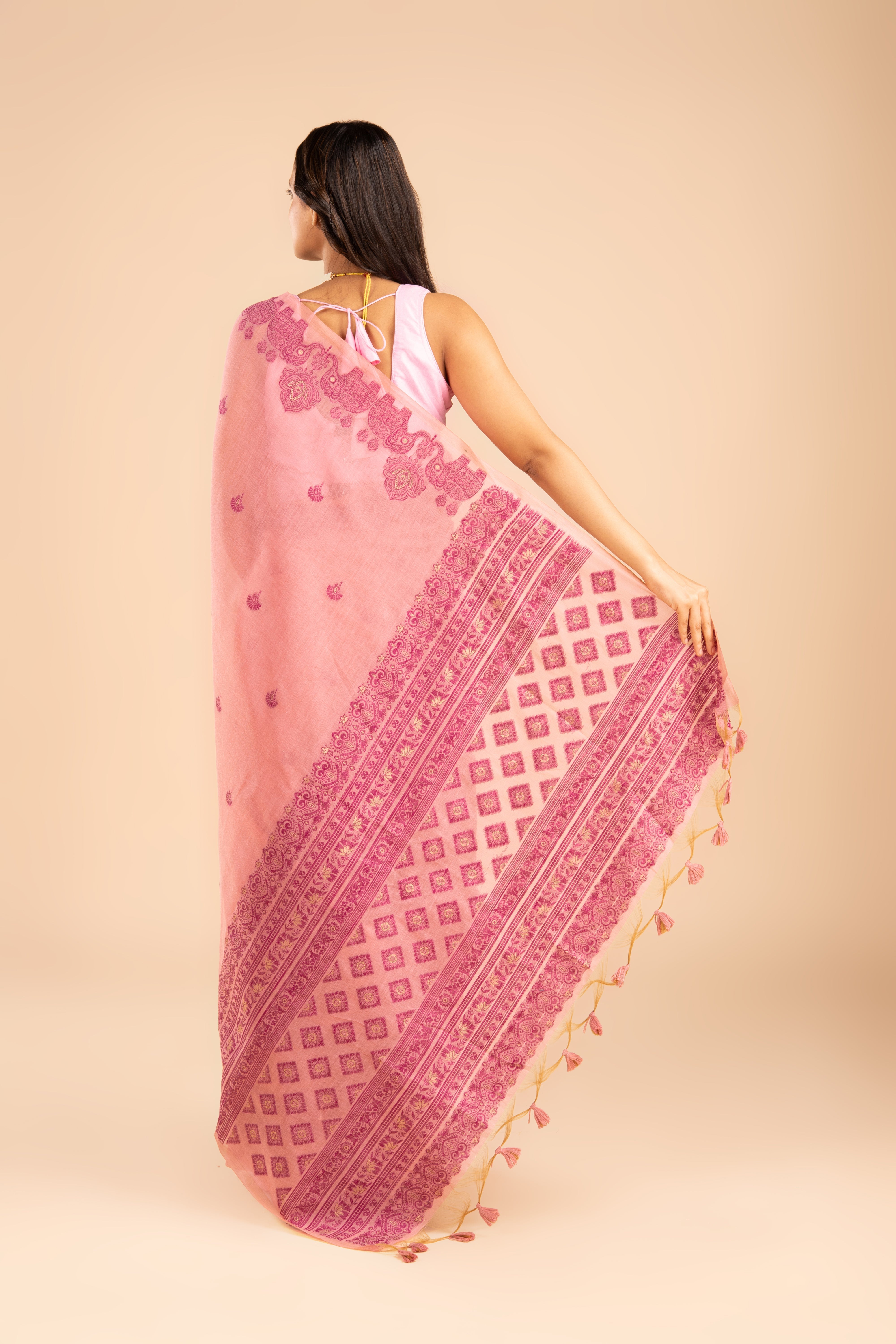 Pink Cotton Saree with Threadwork