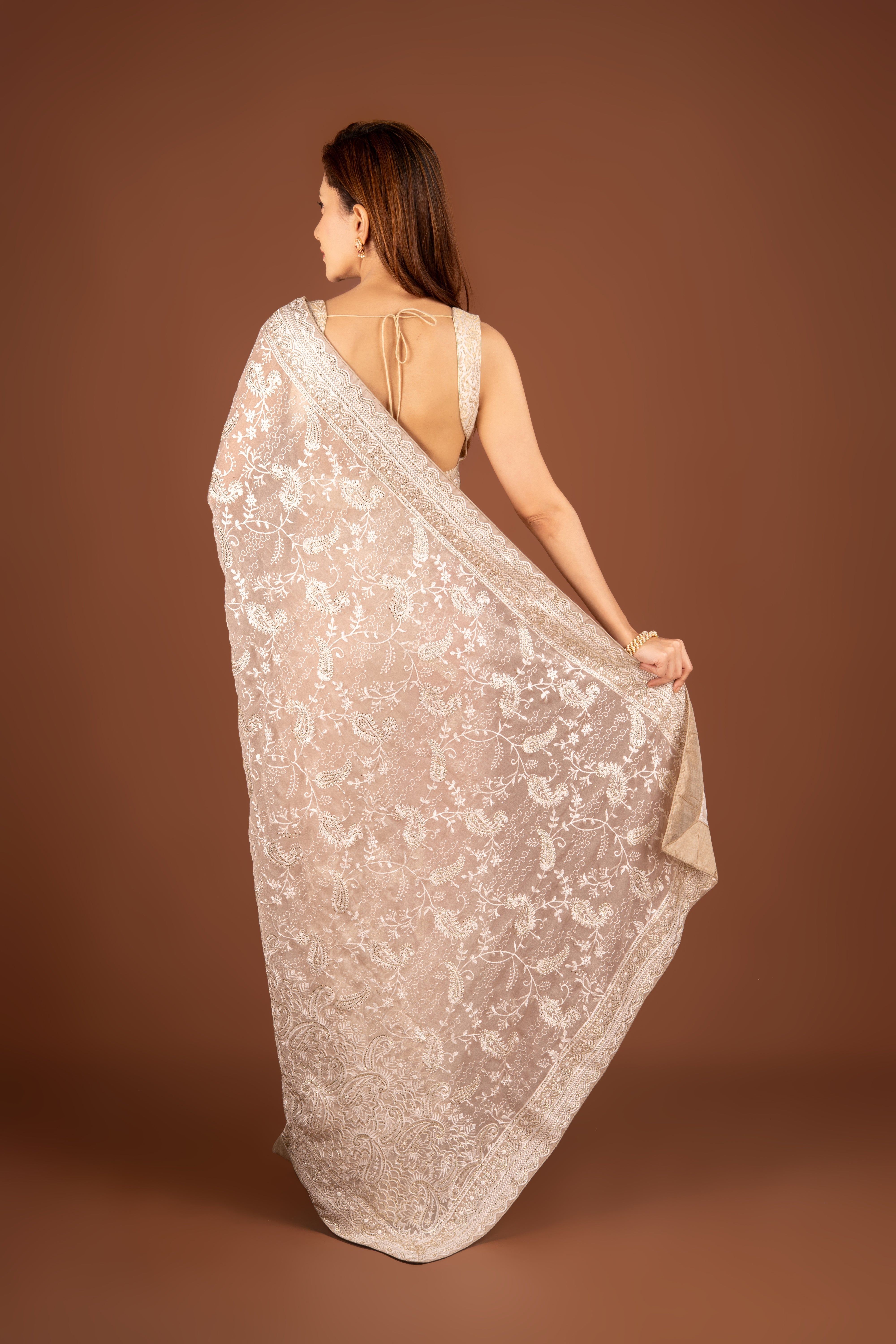 Beige Organza Saree with Stonework