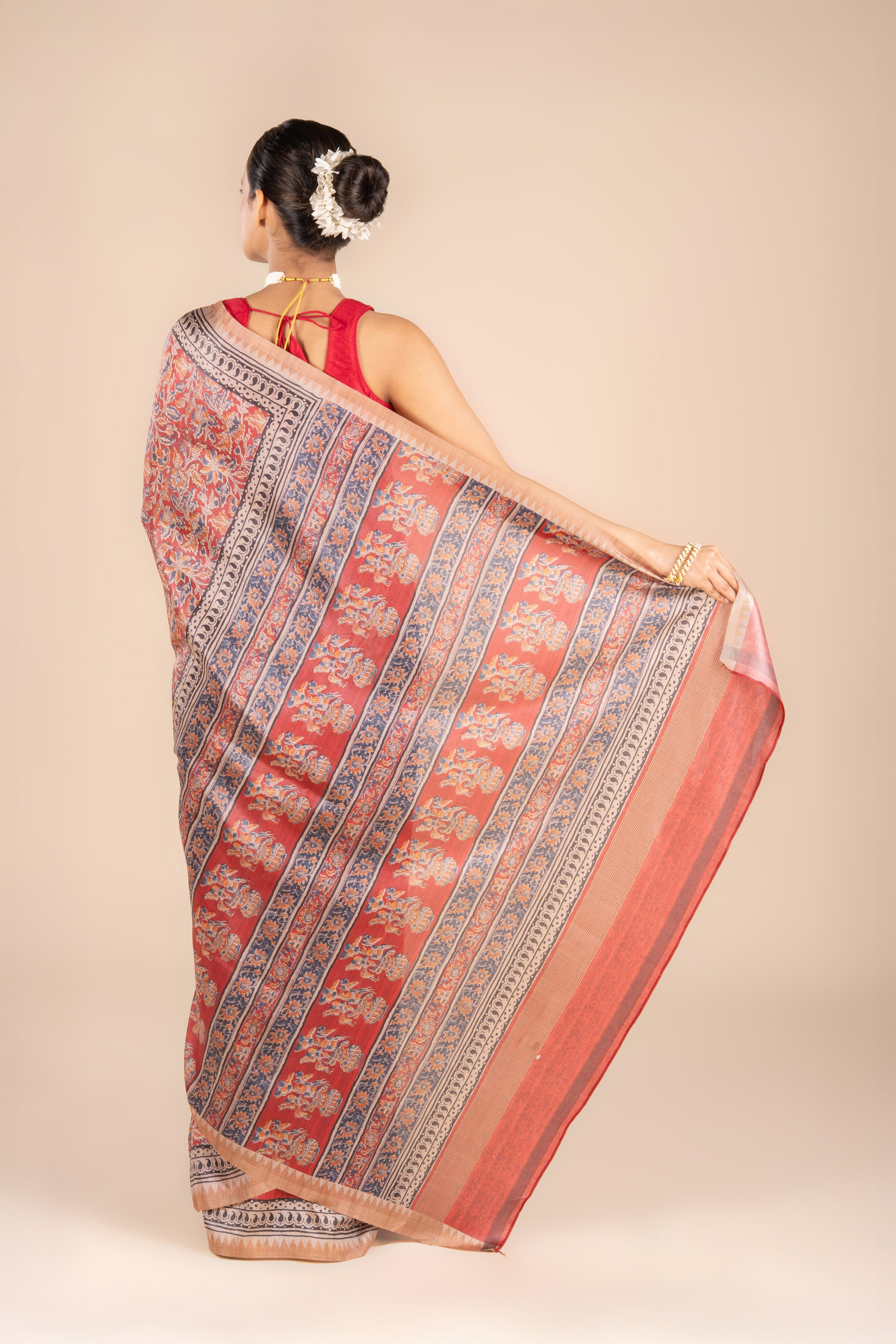 Red Dupion Silk Saree with Floral Print