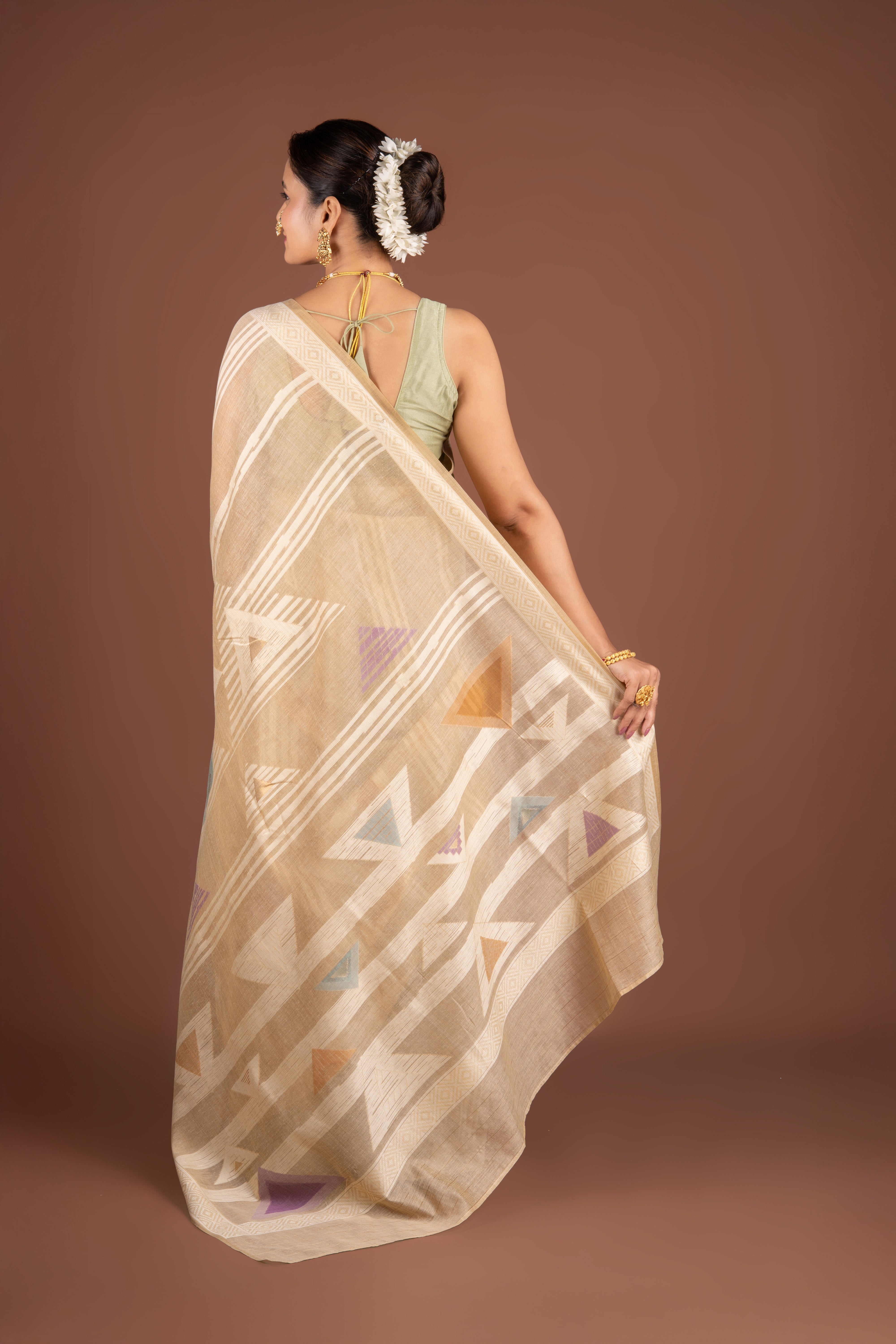 Earthy Beige Cotton Saree with Geometric pattern