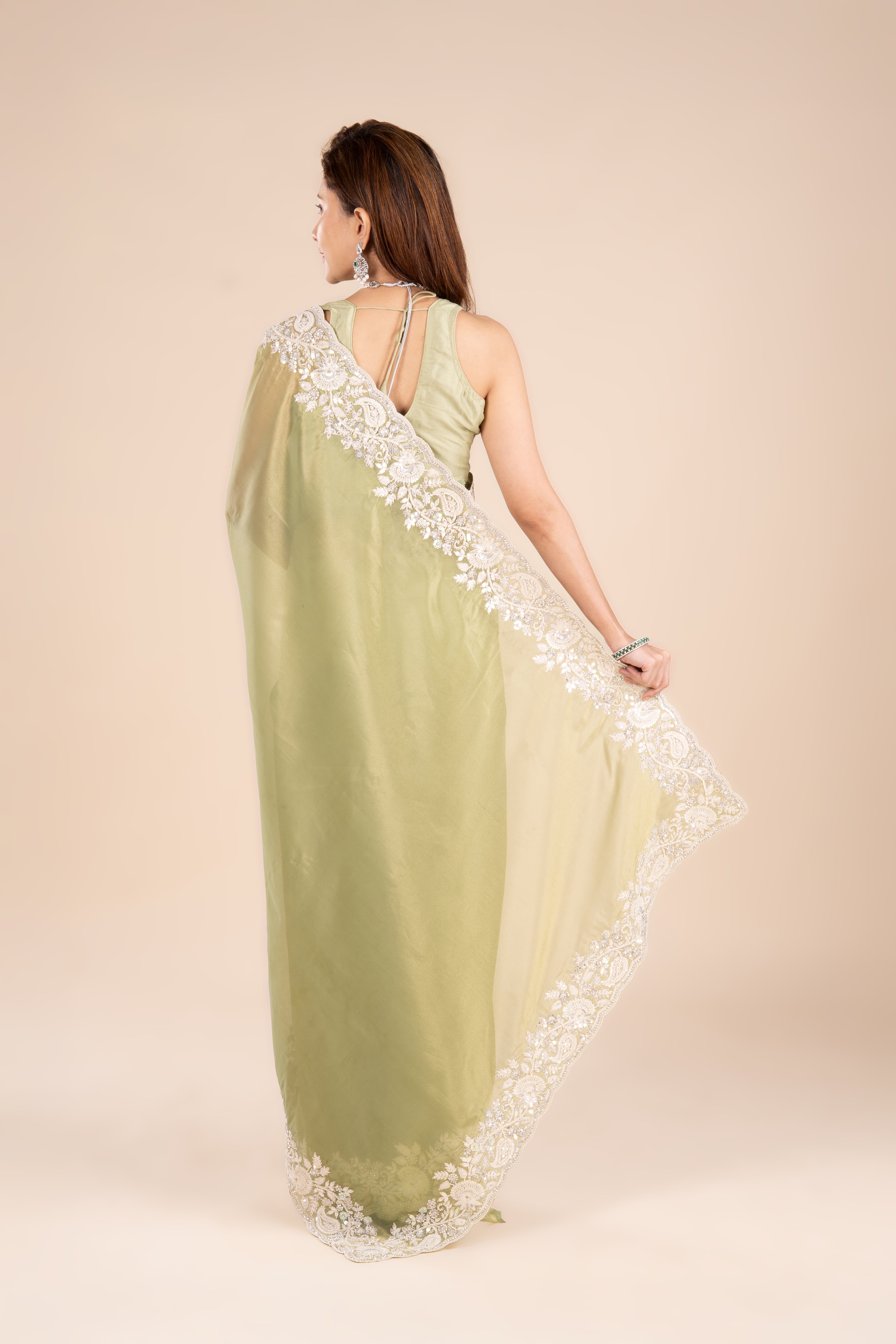 Green Organza Saree with Stonework