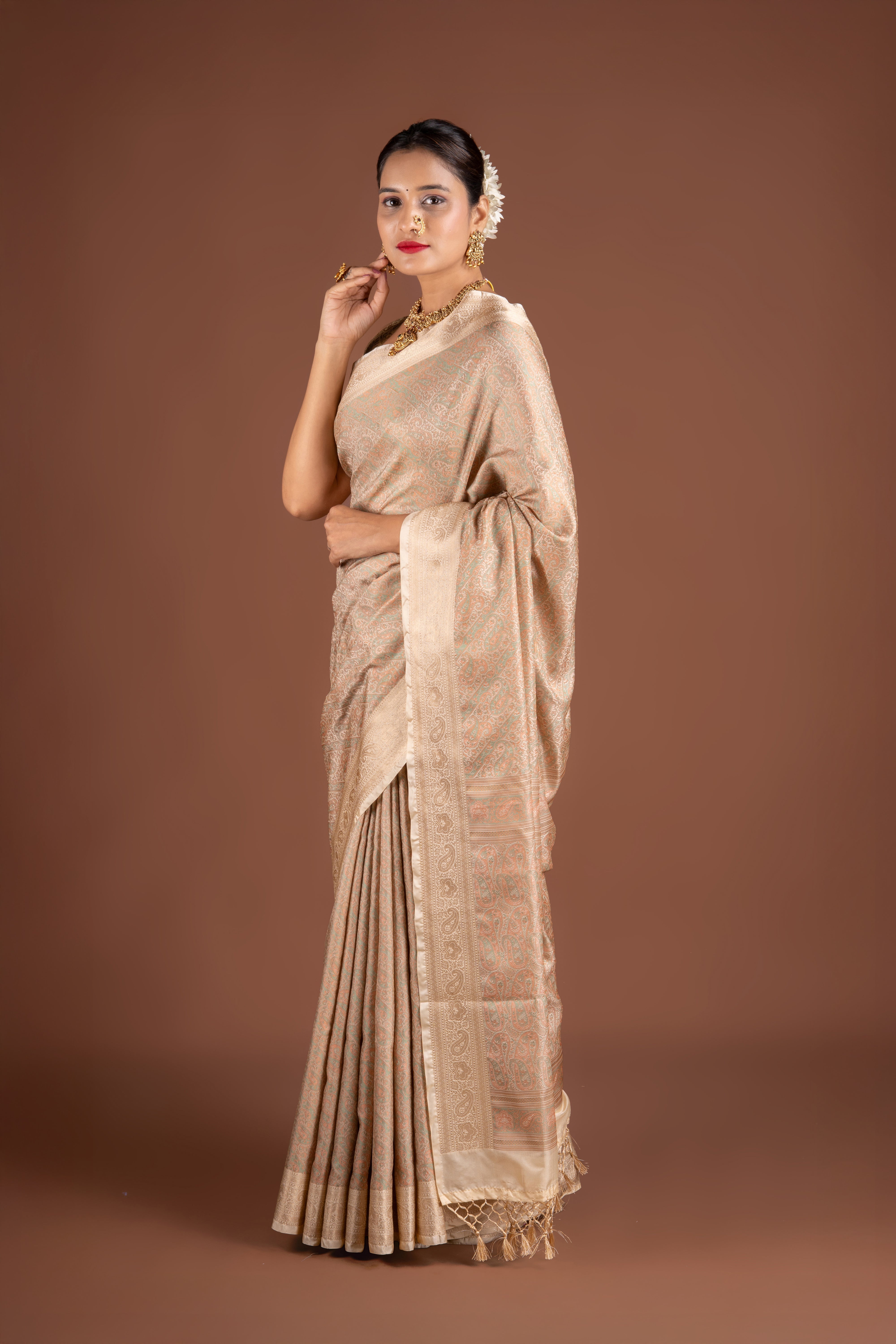 Cream Dola Silk Pashmina Saree