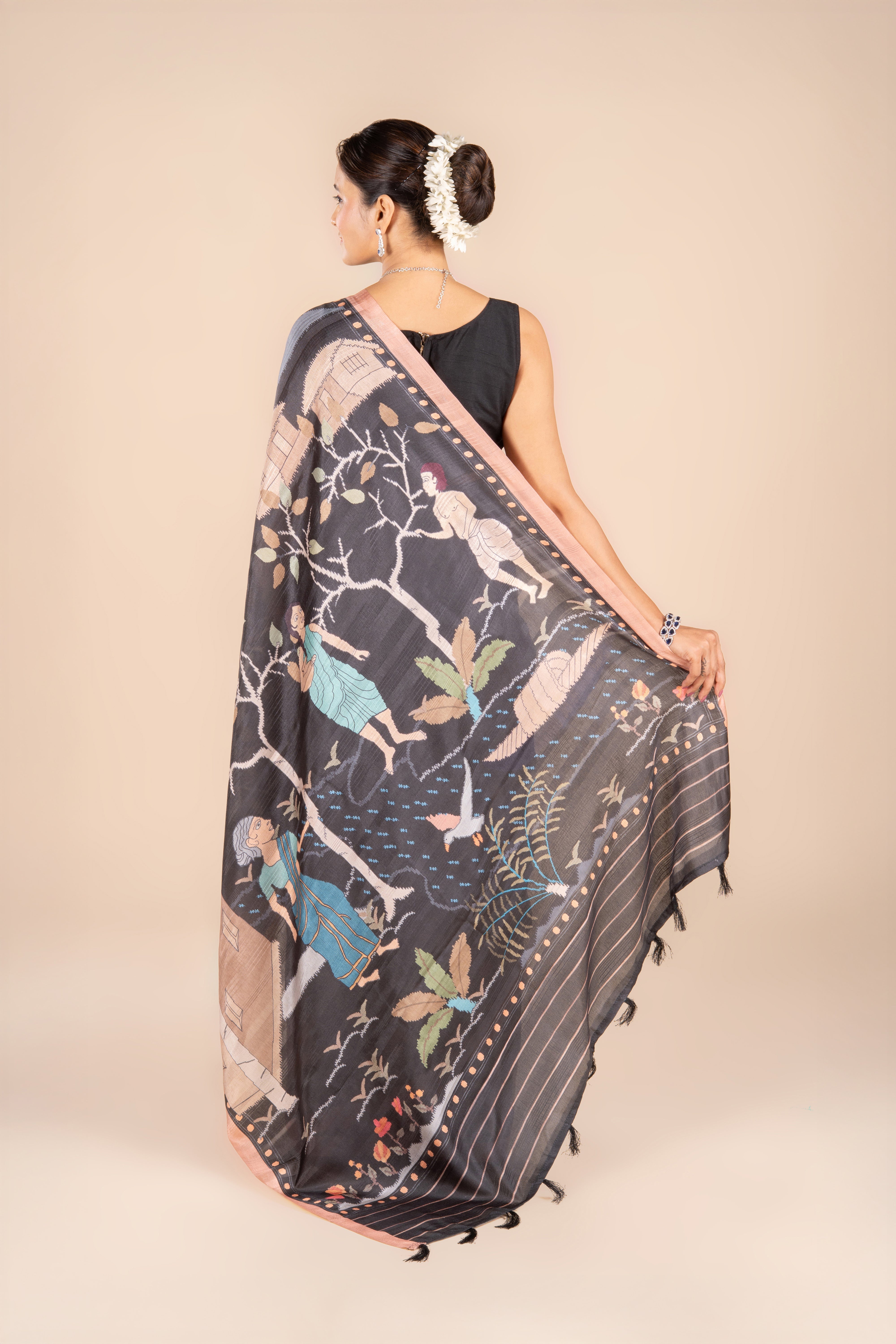 Dark Grey Tussar Silk Saree with Ajrak Print