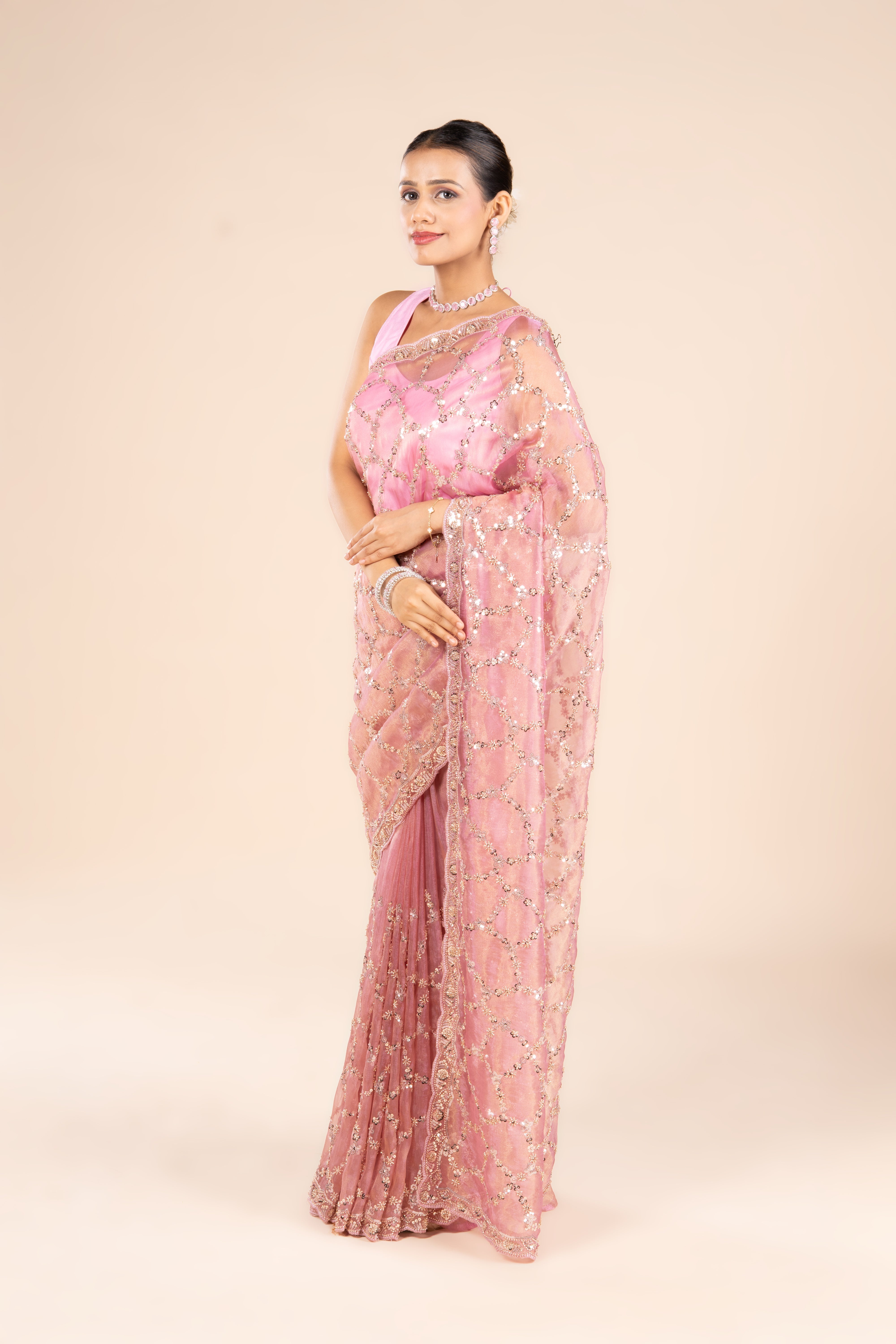 Pink Organza Saree with Stonework