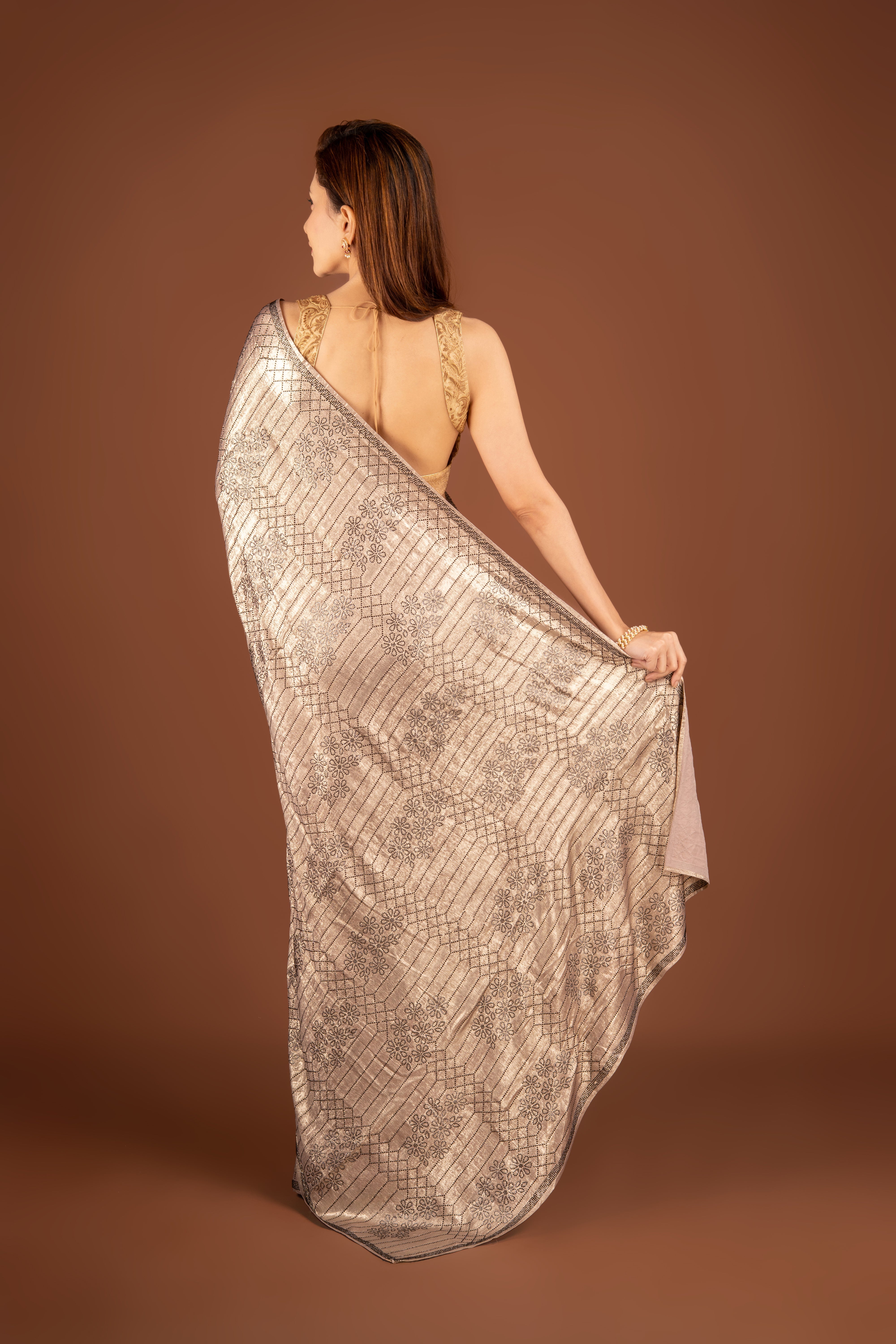 Bronze Crepe Saree with Stonework