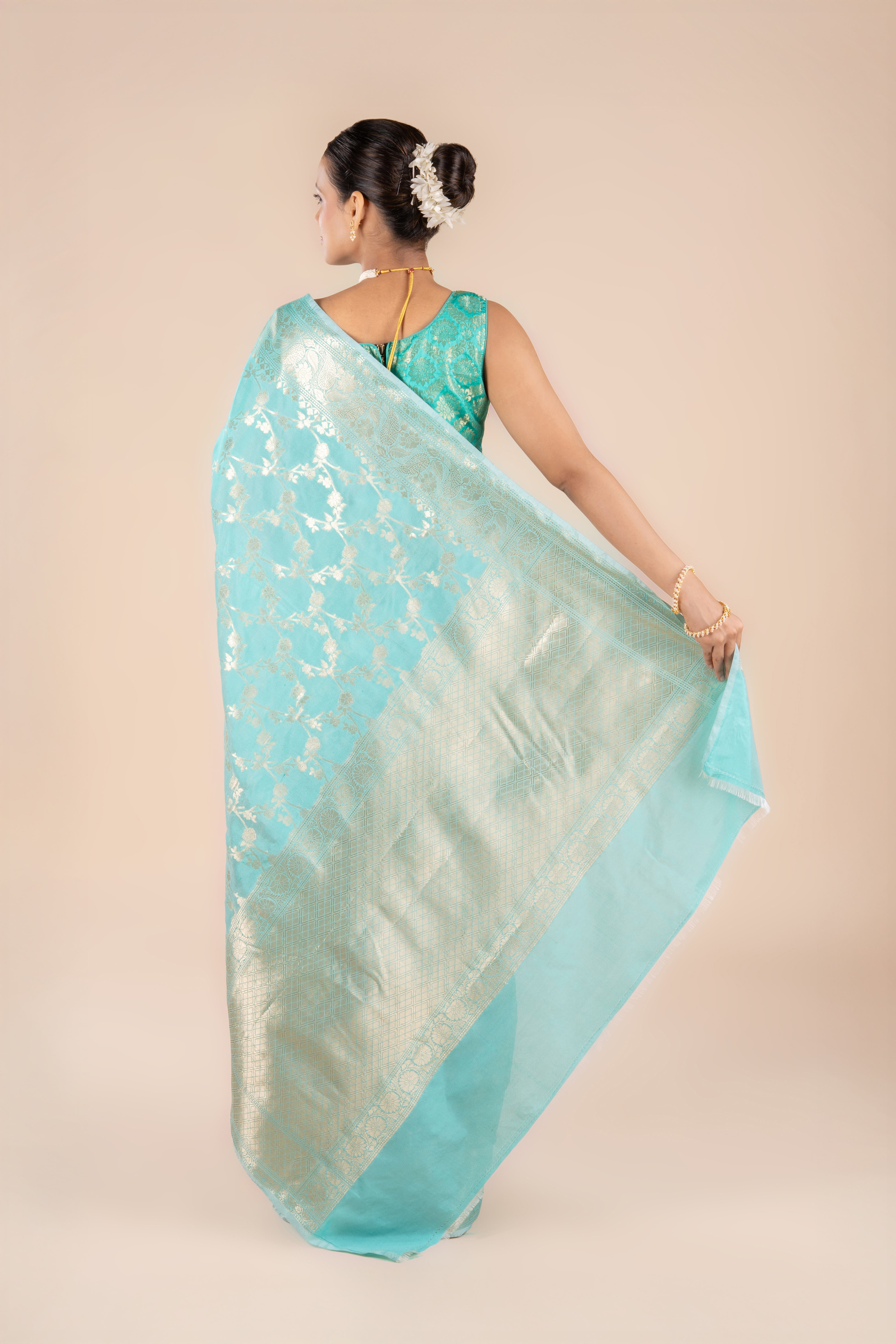 Sea Green Katan Silk Banarasi Saree with Jaal pattern