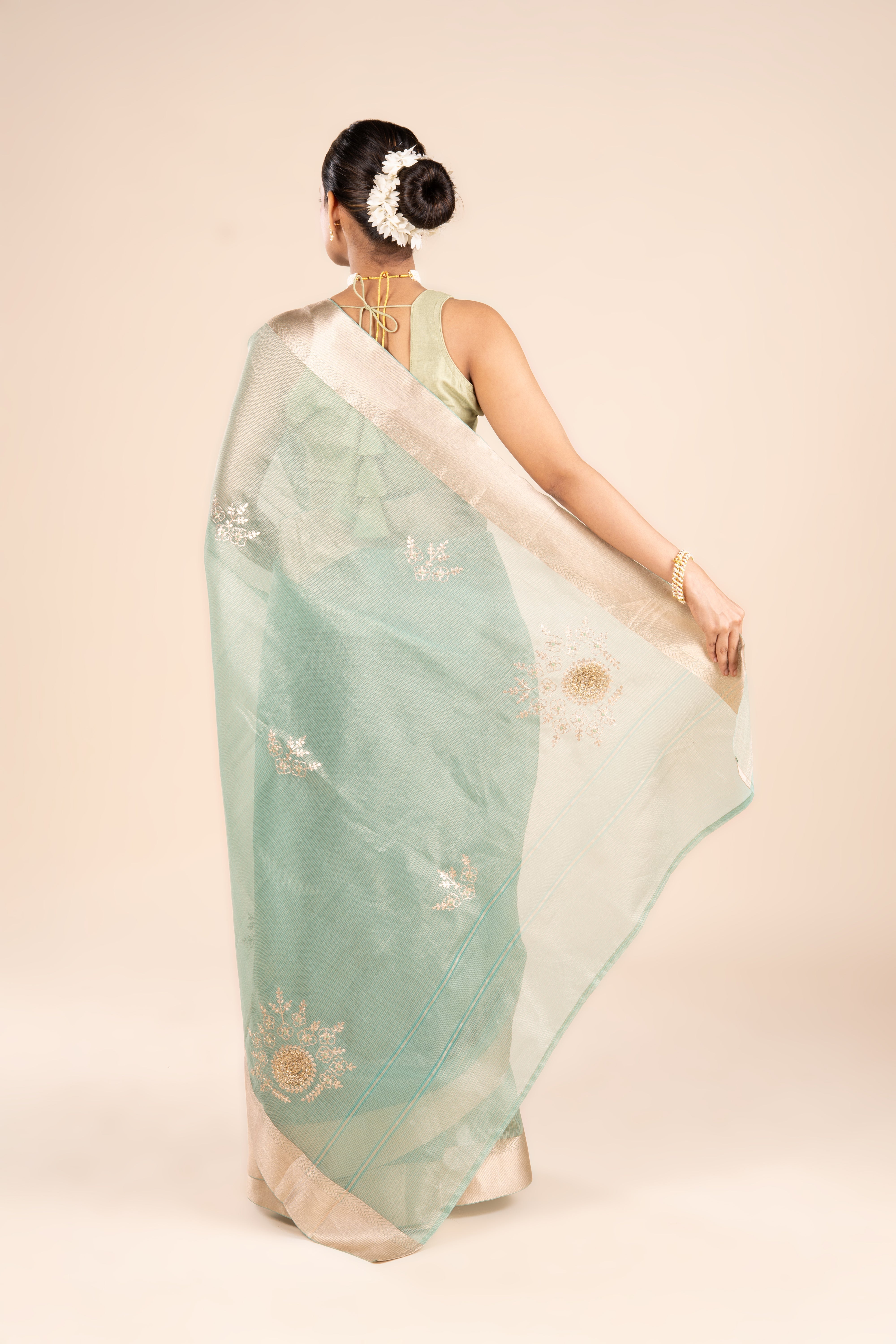 Sea Green Tissue Silk Saree with Pita work