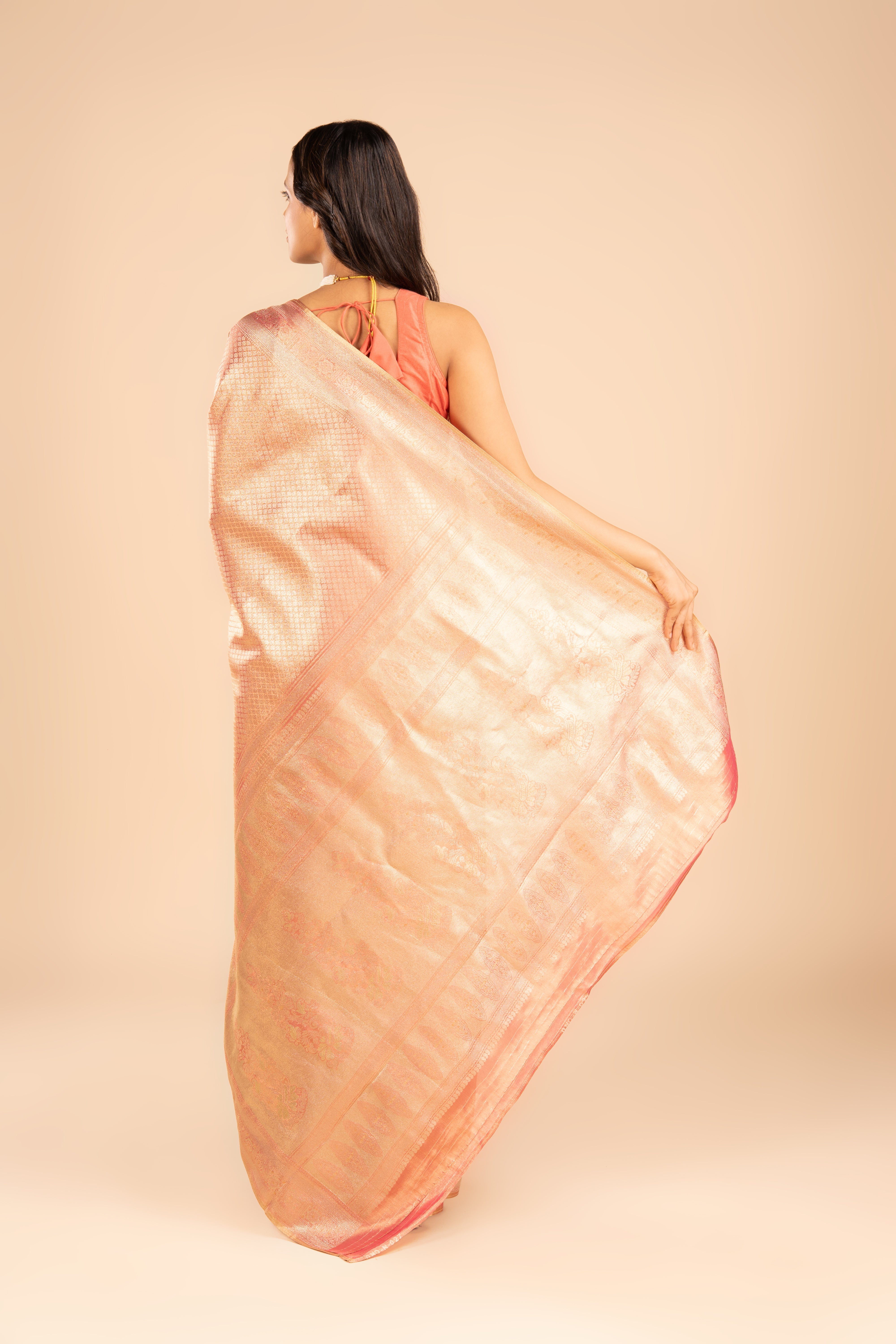 Rose Gold Tissue Silk Brocade Saree