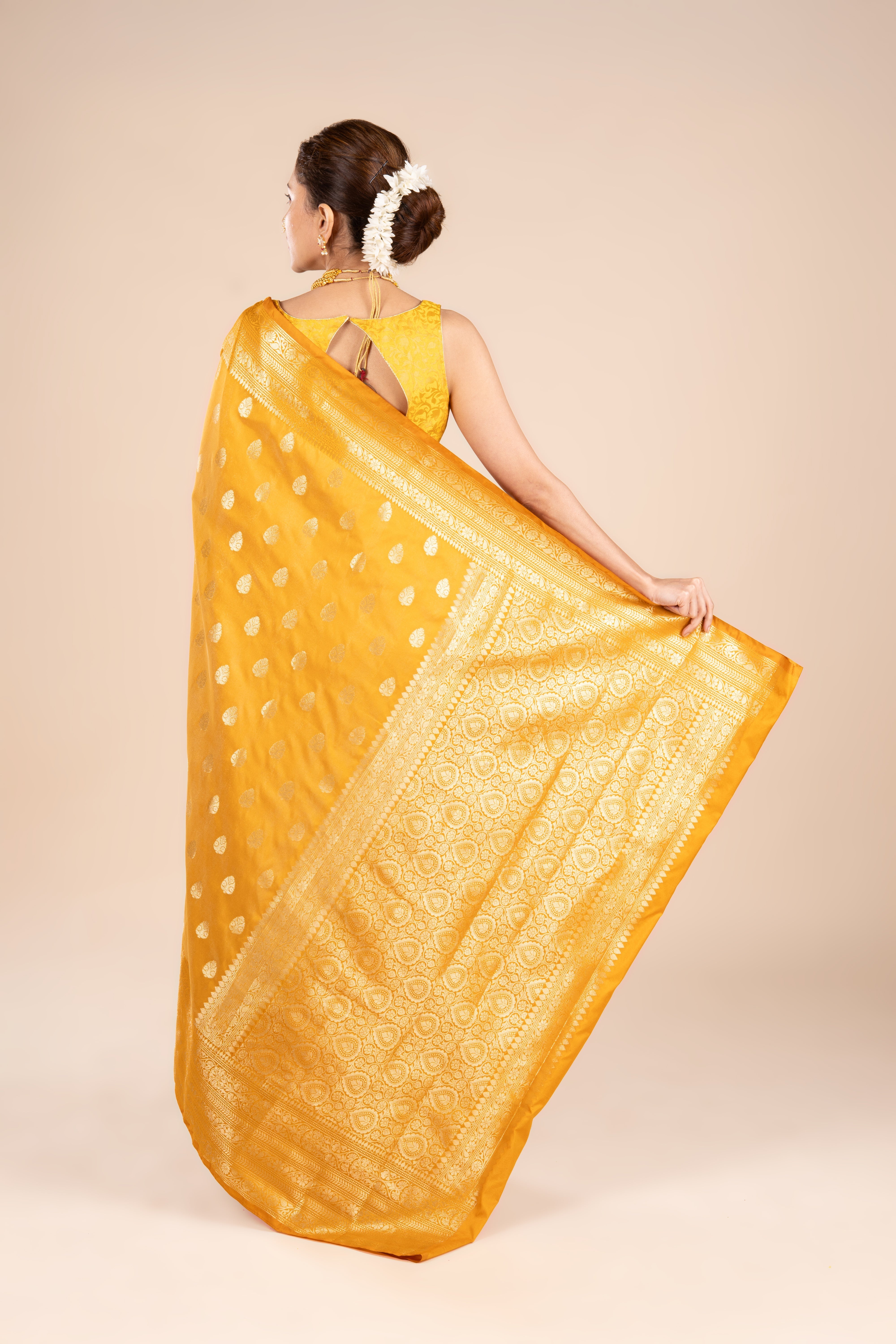 Mustard Yellow Kora Silk Banarasi Saree