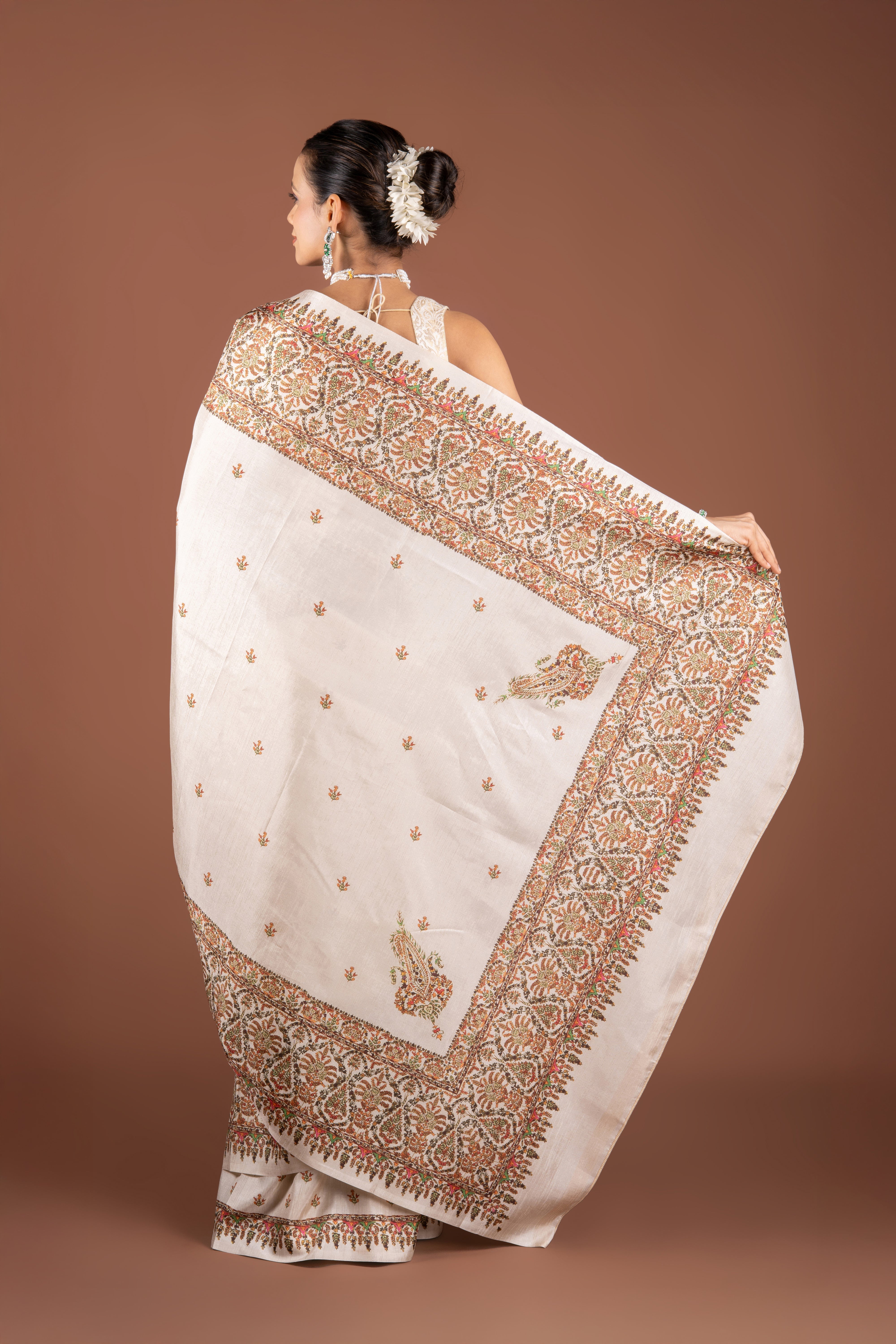 Cream Tussar Silk Saree with Block Print