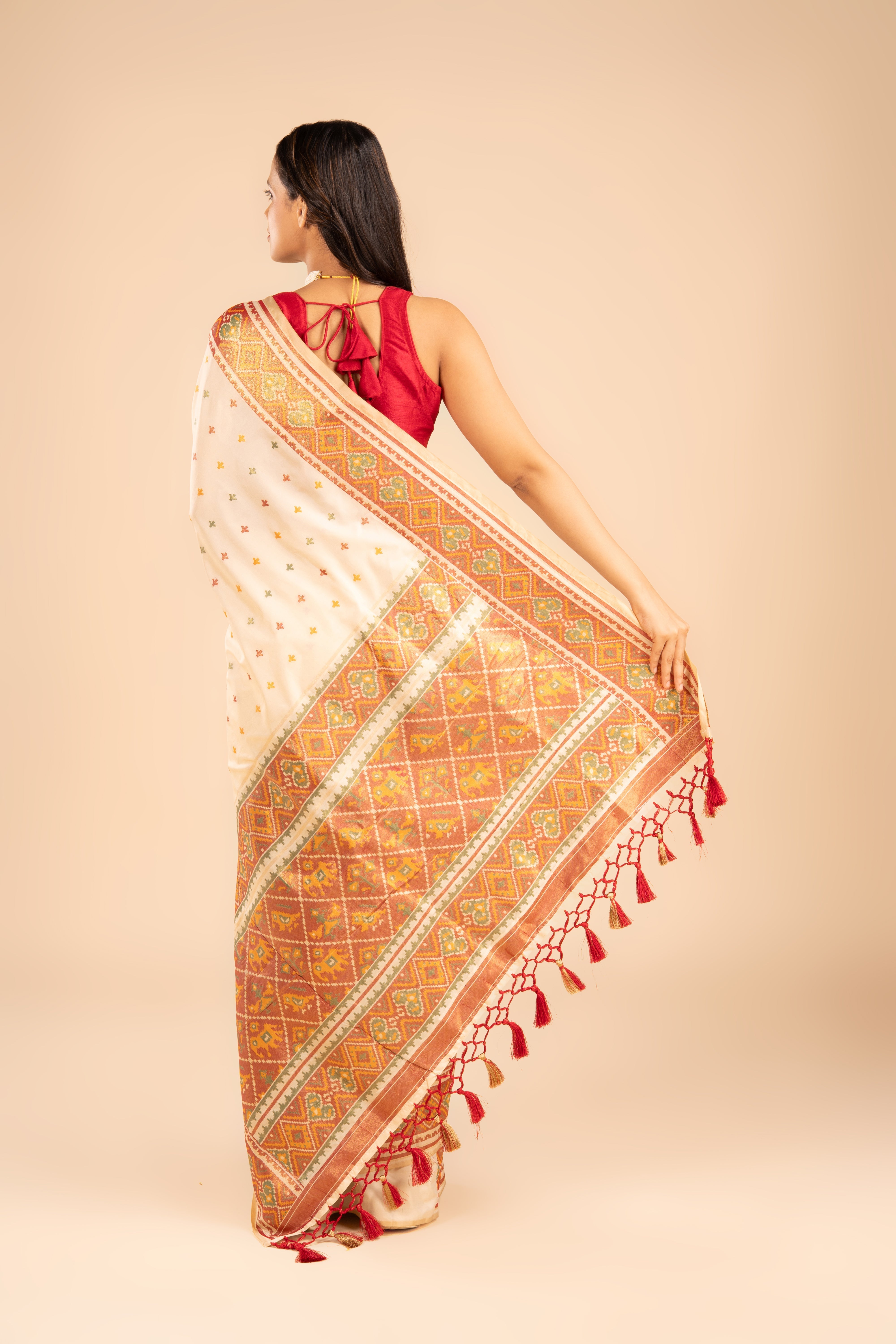 Cream Katan Silk Ikkat Saree