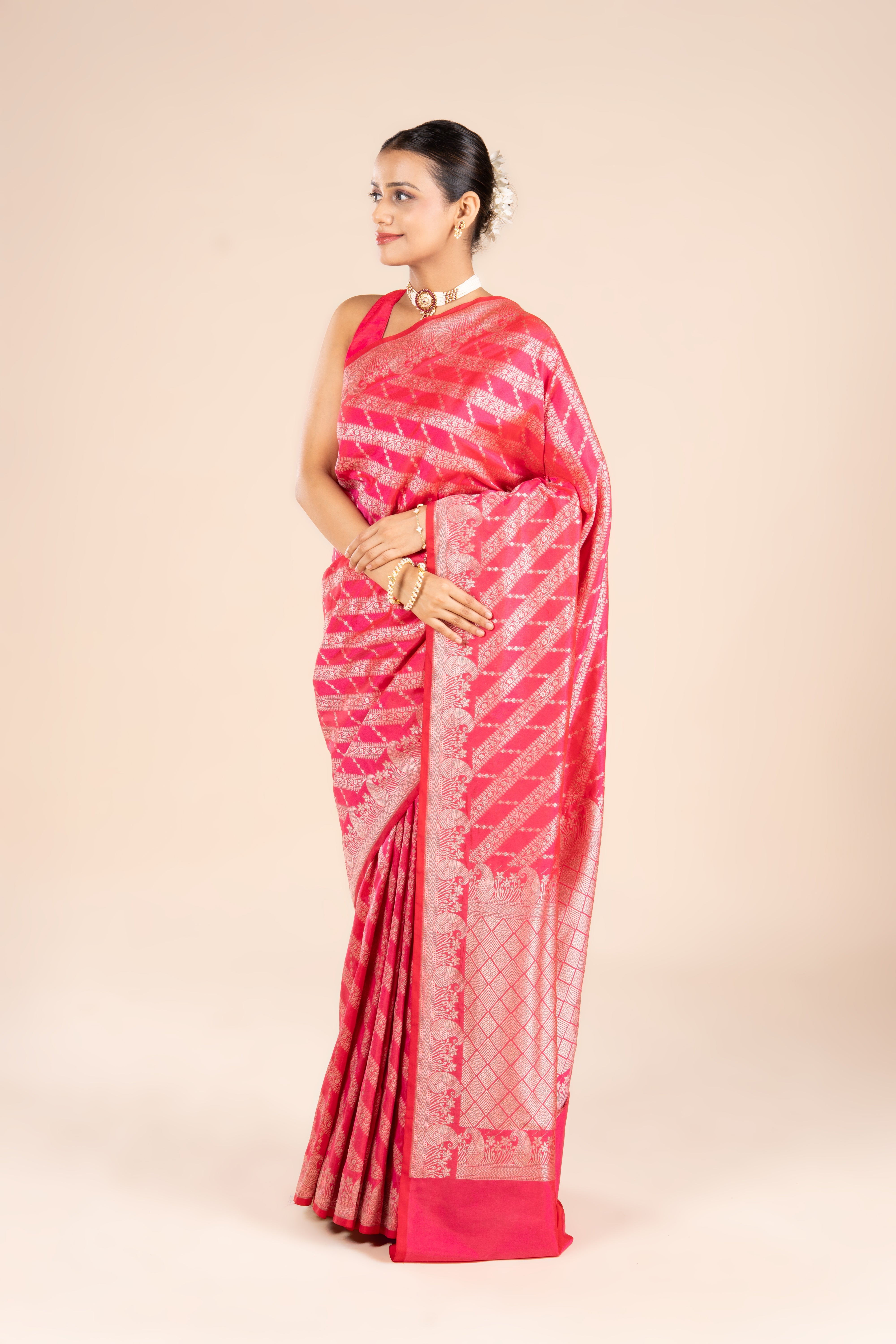 Rani Pink Katan Silk Banarasi Saree with Leheriya Pattern