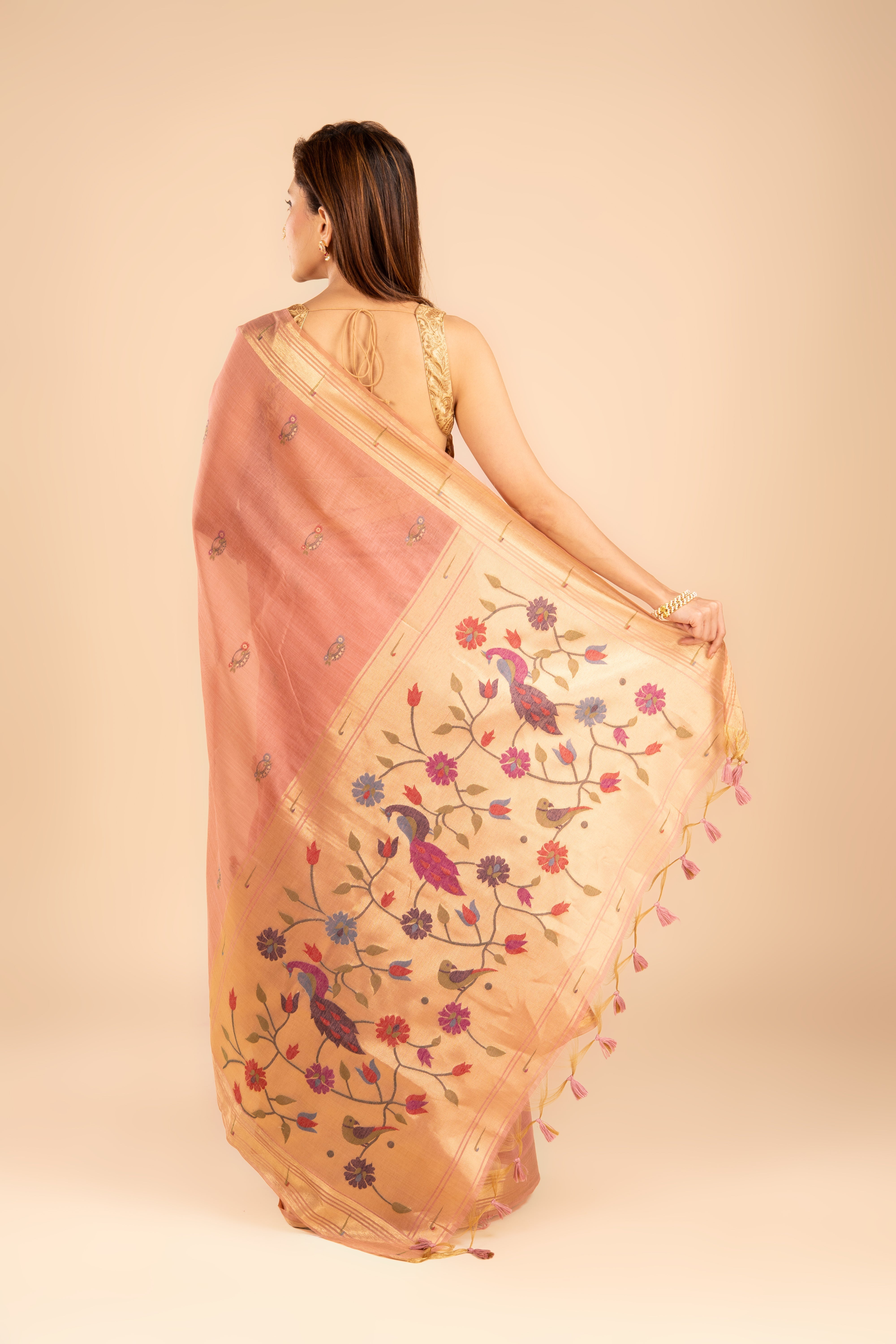Dusty Pink Cotton Paithani Saree