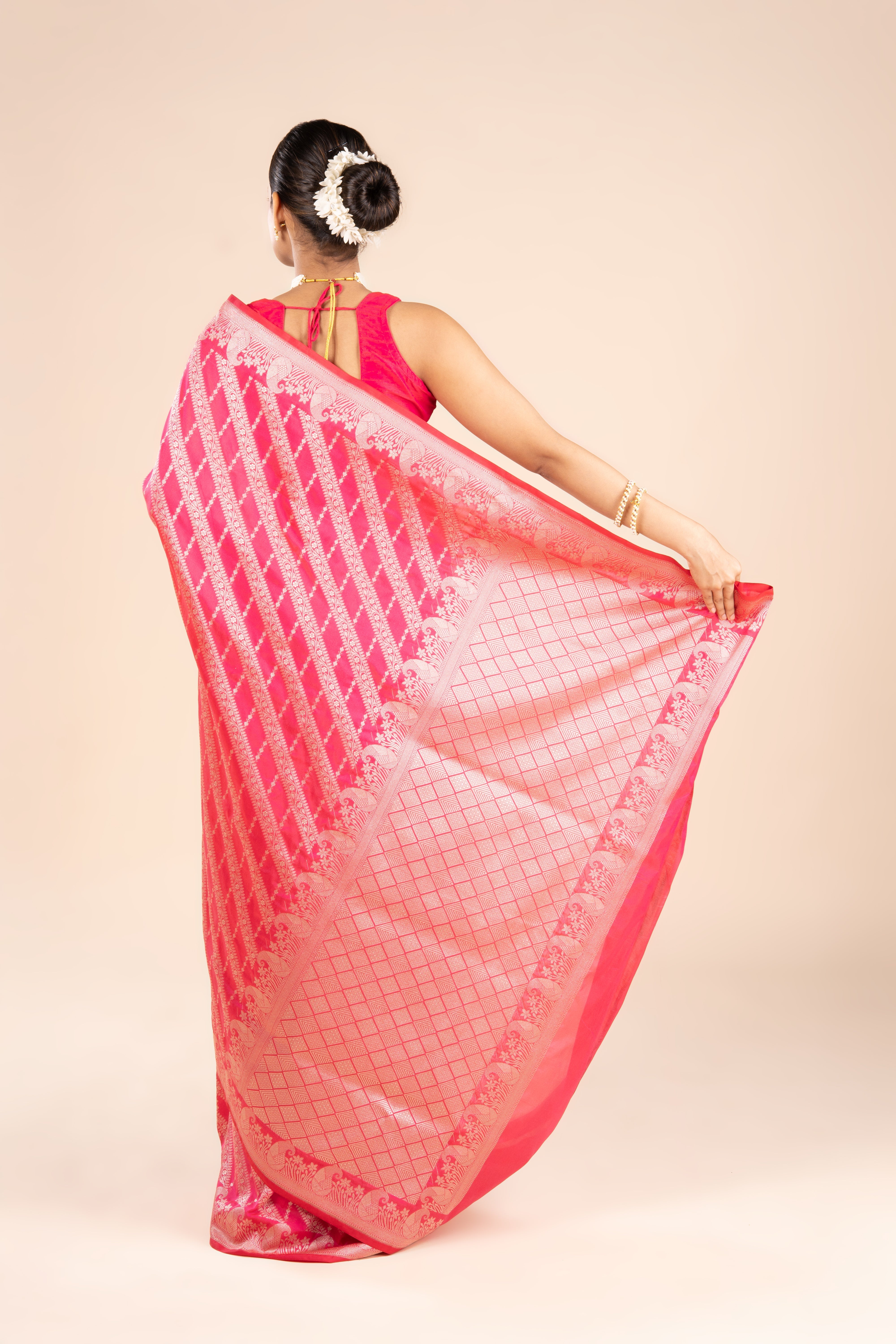 Rani Pink Katan Silk Banarasi Saree with Leheriya Pattern