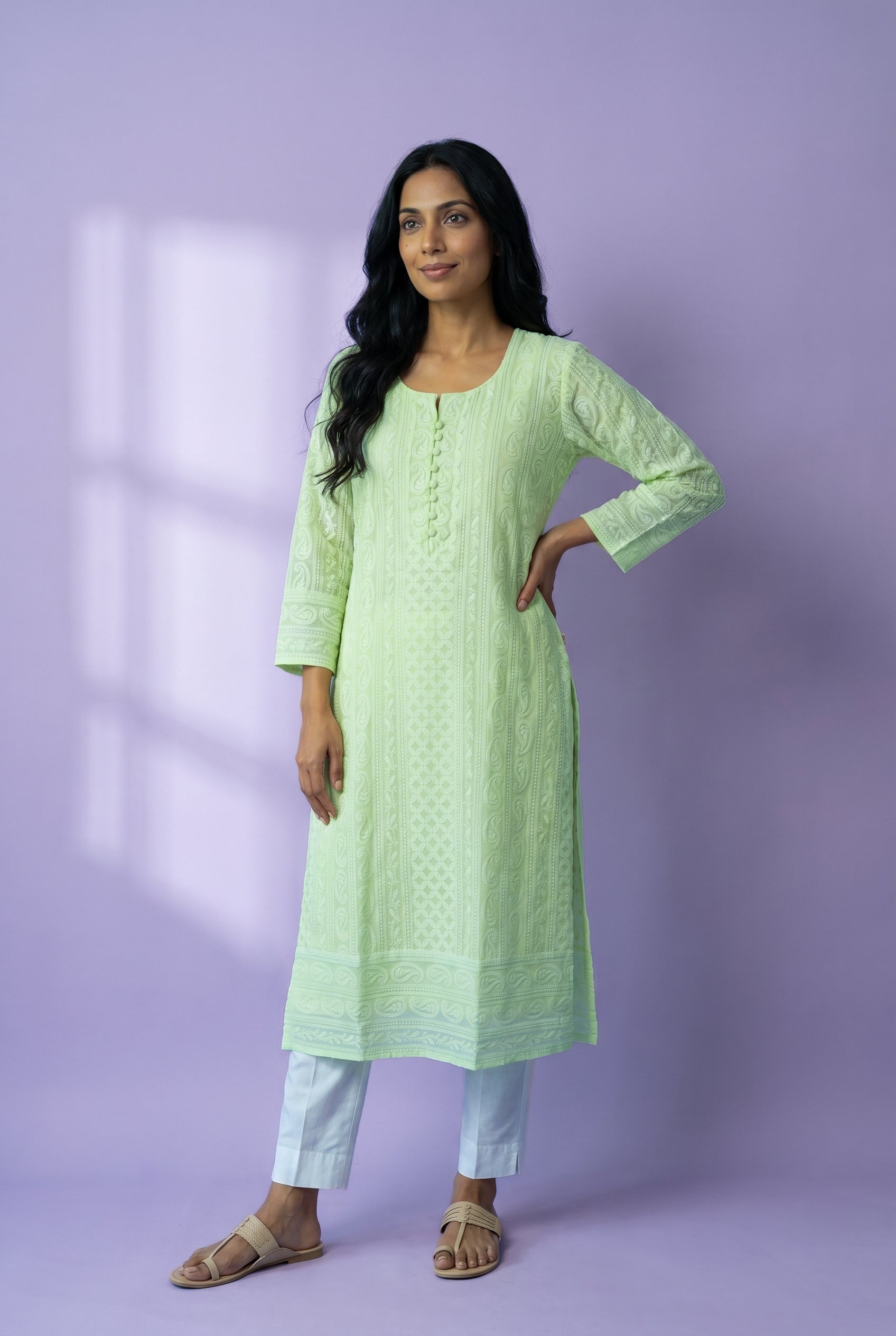 Lime Green Georgette Chikankari Kurti with Paisley and Jaal threadwork