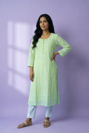 Lime Green Georgette Chikankari Kurti with Paisley and Jaal threadwork