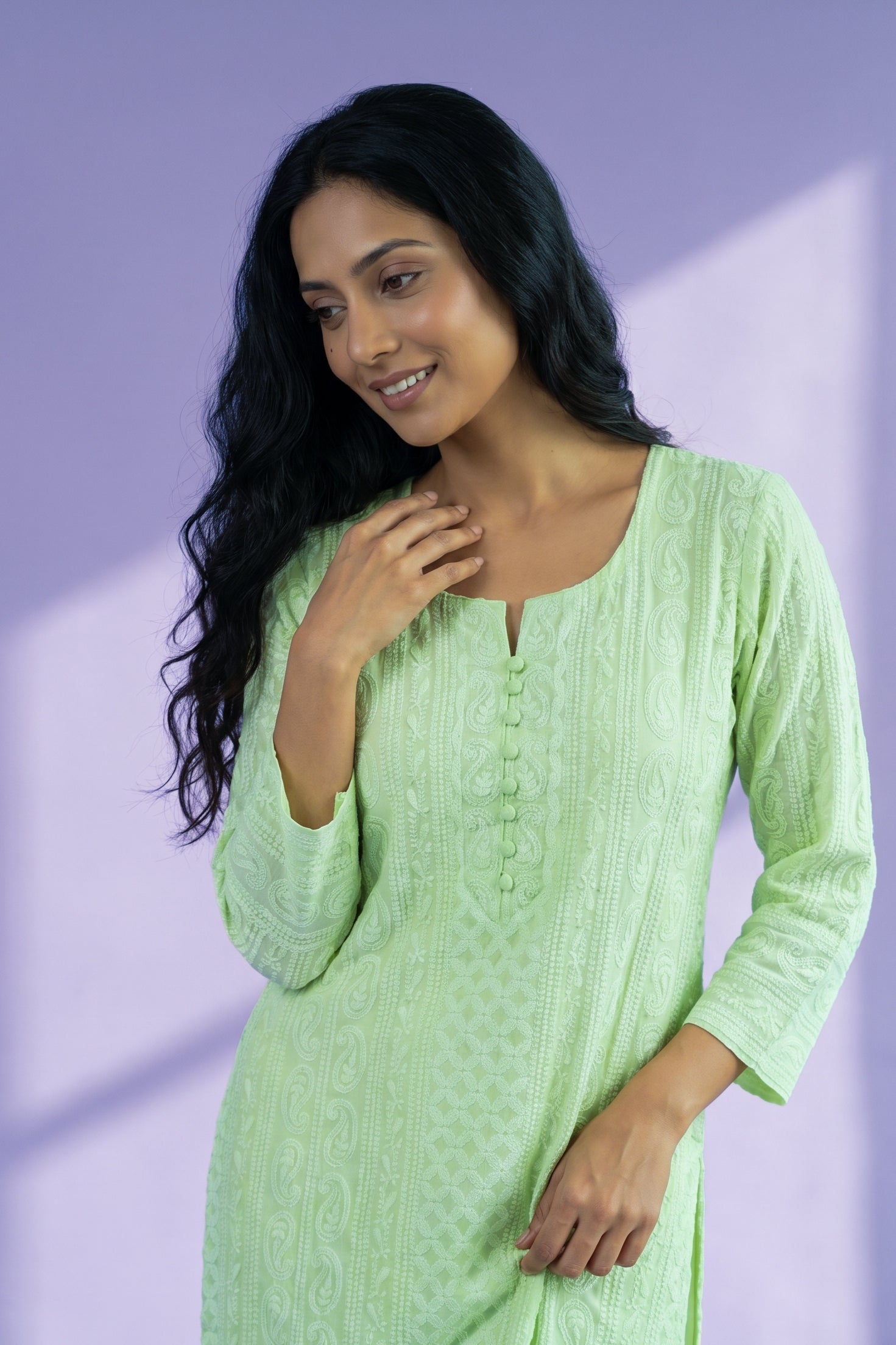 Lime Green Georgette Chikankari Kurti with Paisley and Jaal threadwork
