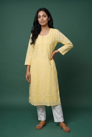 Sunny Yellow Georgette Chikankari Kurti with Paisley and Jaal threadwork