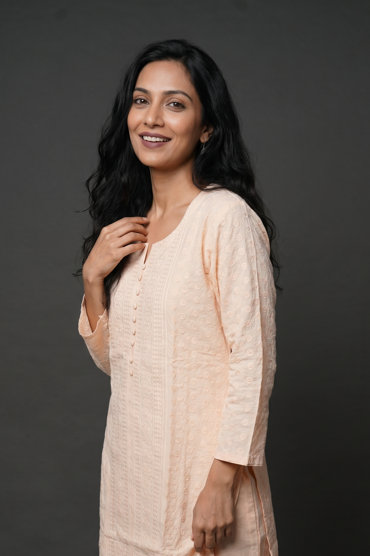 Peach Cotton Chikankari Kurti