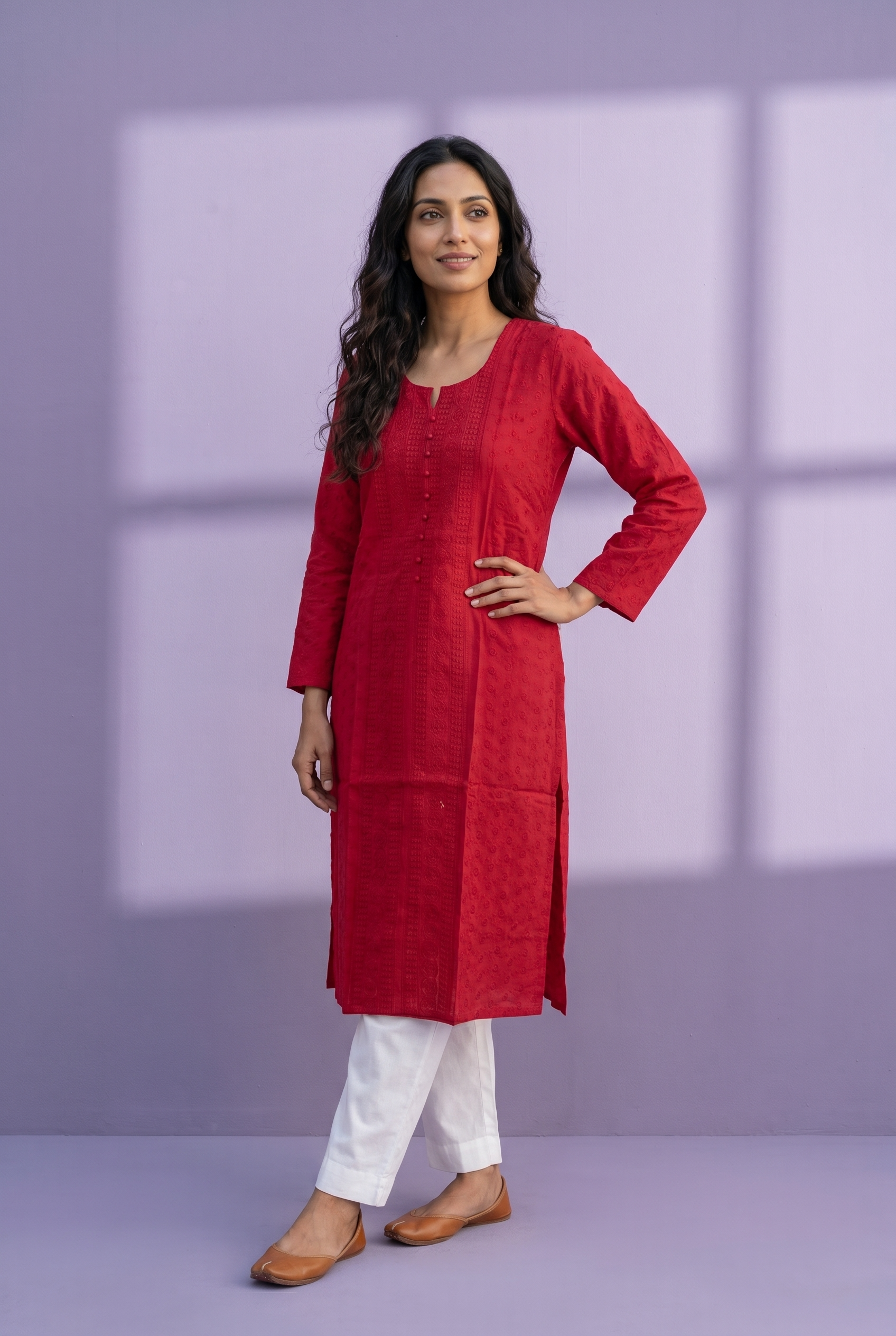 Burgundy Red Cotton Chikankari Kurti
