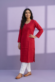 Burgundy Red Cotton Chikankari Kurti
