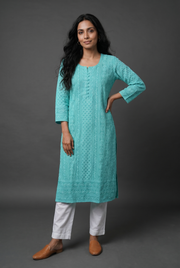 Teal Georgette Chikankari Kurti with Paisley and Jaal threadwork