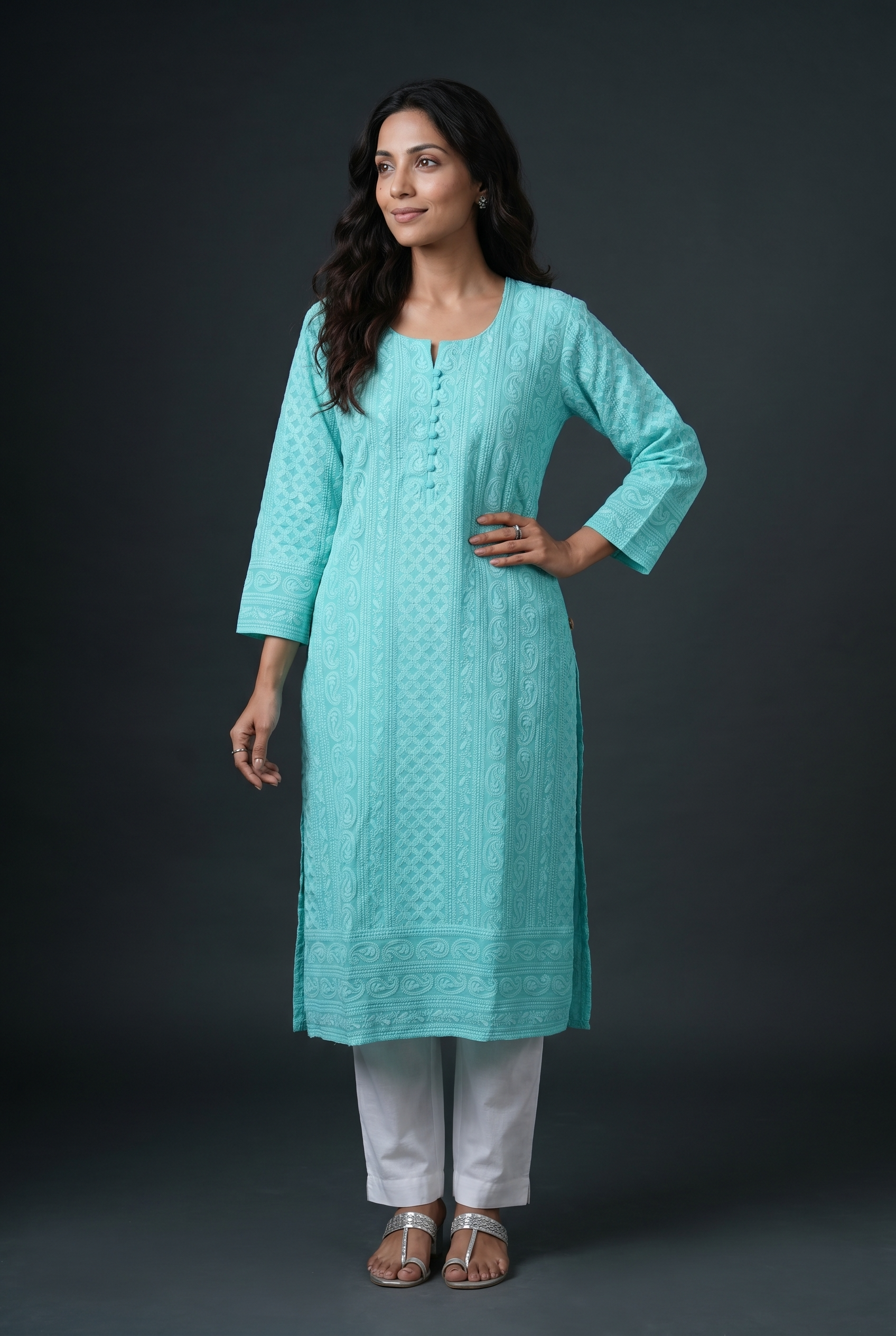 Teal Georgette Chikankari Kurti with Paisley and Jaal threadwork