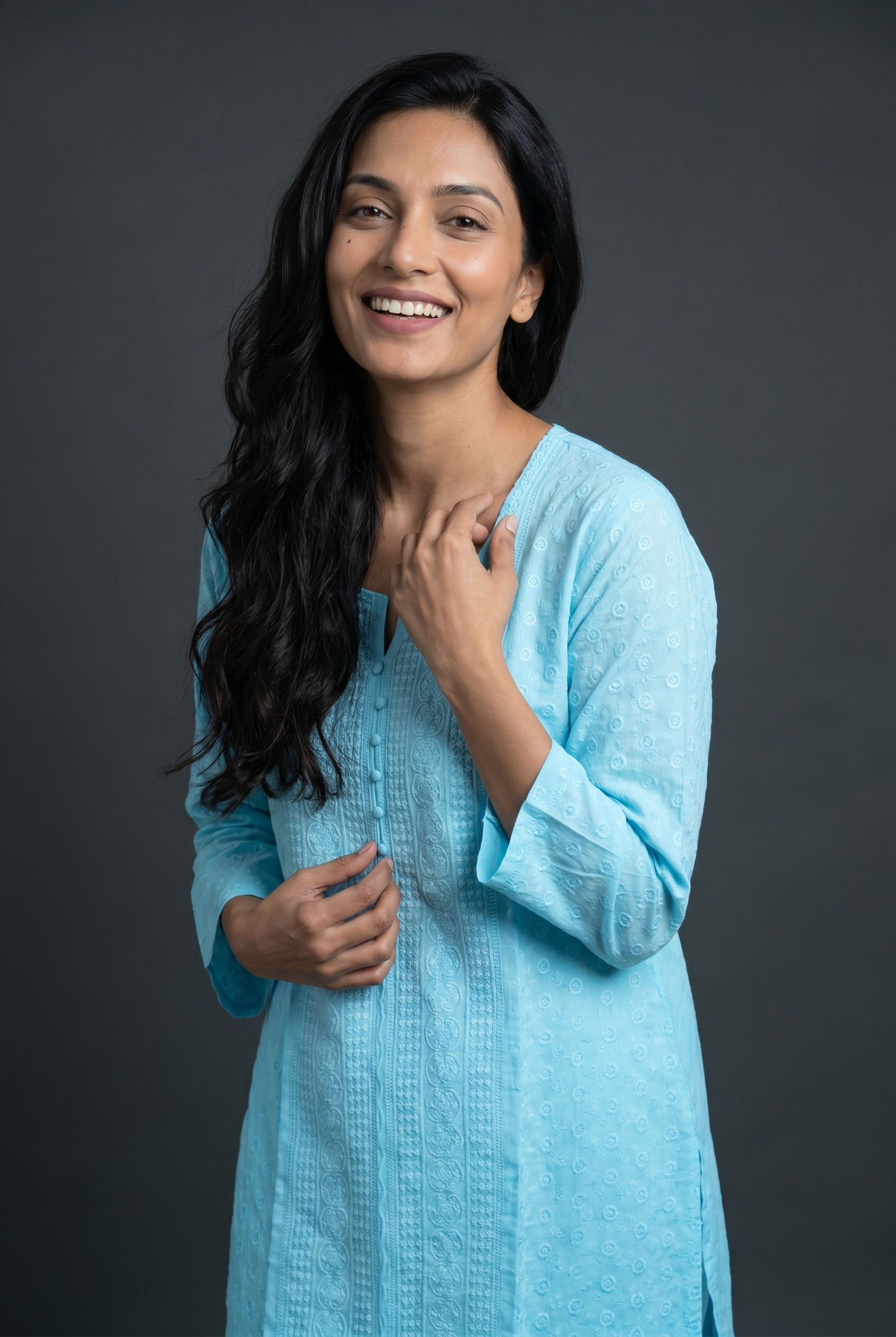 Sky Blue Cotton Chikankari Kurti