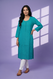 Teal Green Cotton Chikankari Kurti