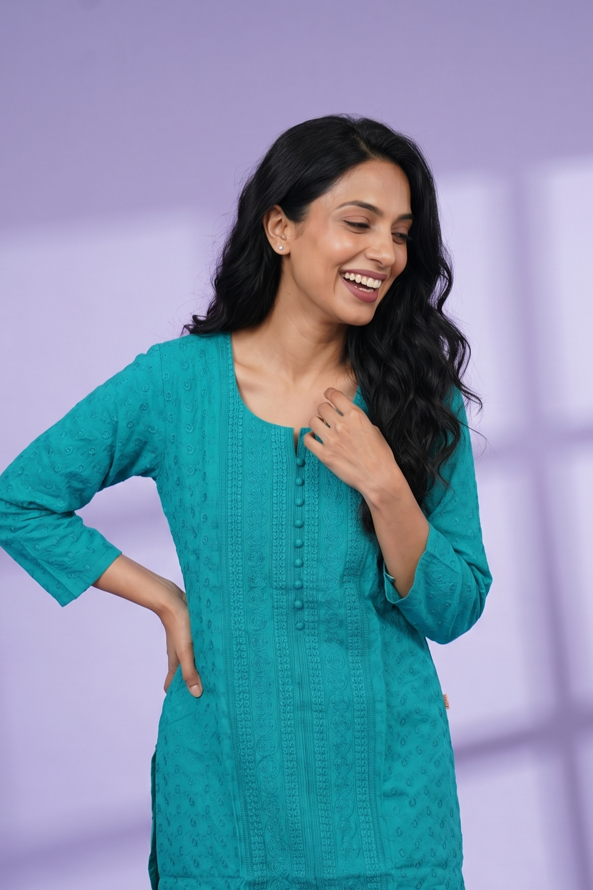Teal Green Cotton Chikankari Kurti