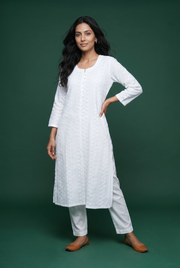 White Georgette Chikankari Kurti with Floral Motifs