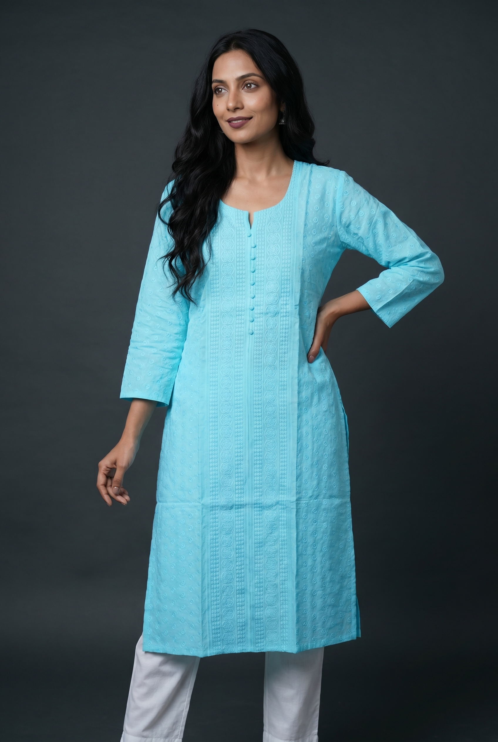 Sky Blue Cotton Chikankari Kurti