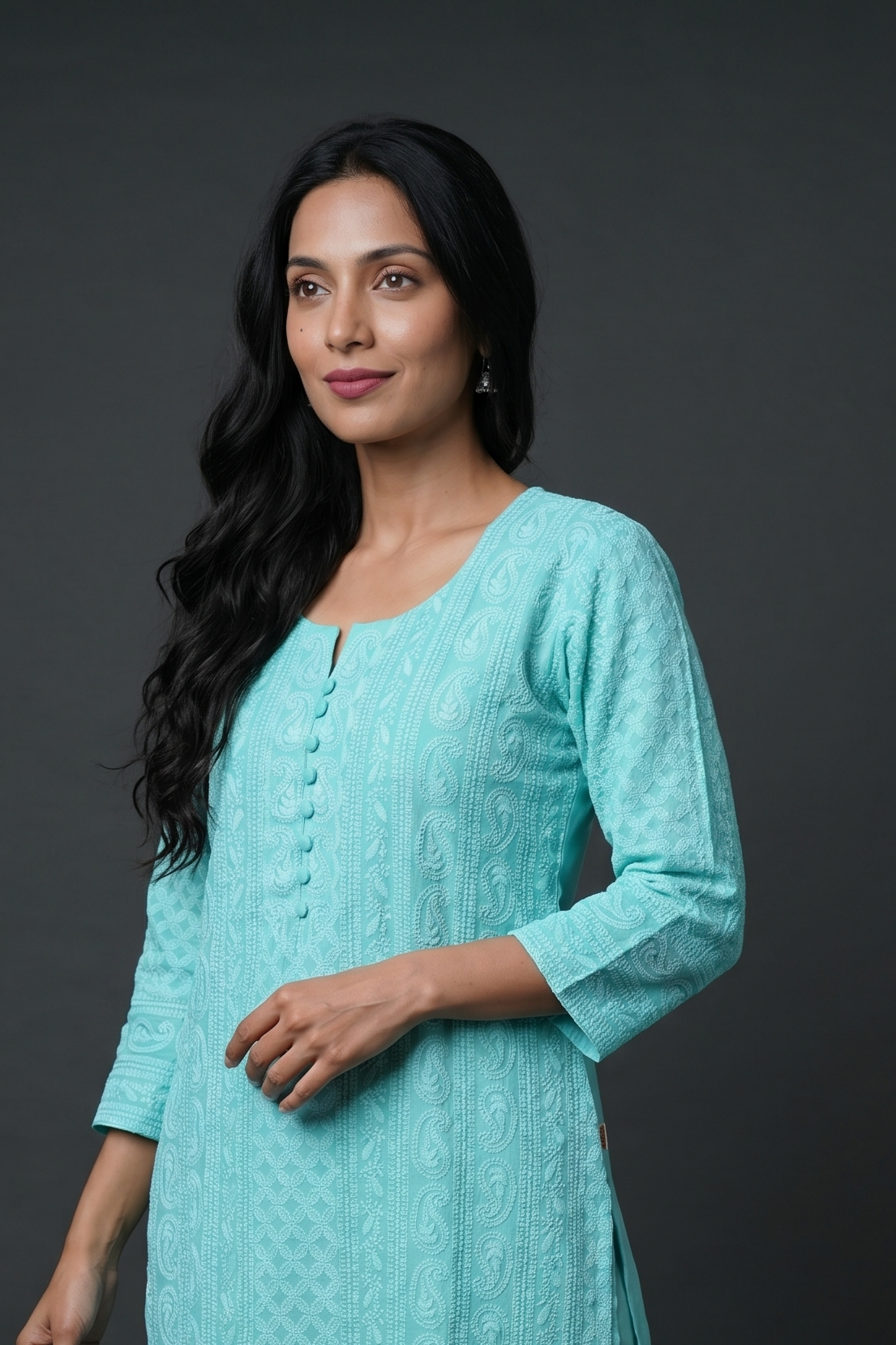 Teal Georgette Chikankari Kurti with Paisley and Jaal threadwork