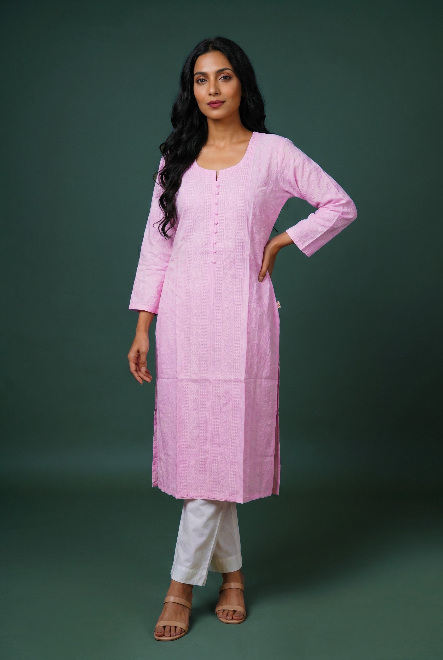 Pink Cotton Chikankari Kurti