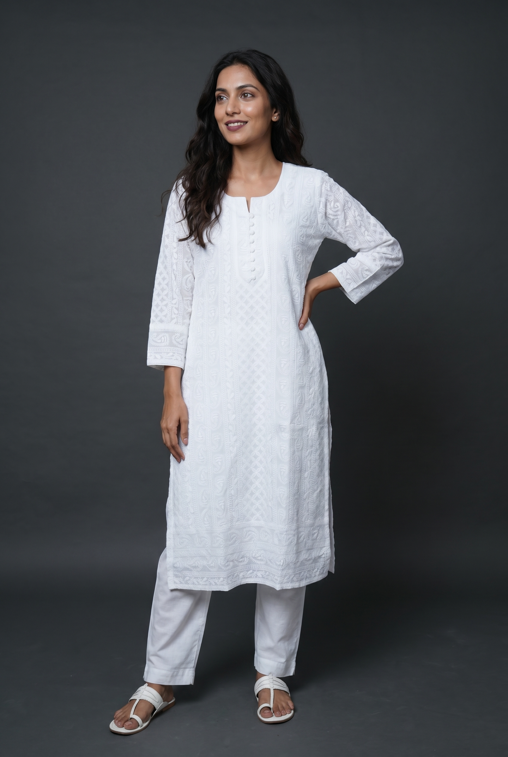 White Georgette Chikankari Kurti with Paisley and Jaal threadwork
