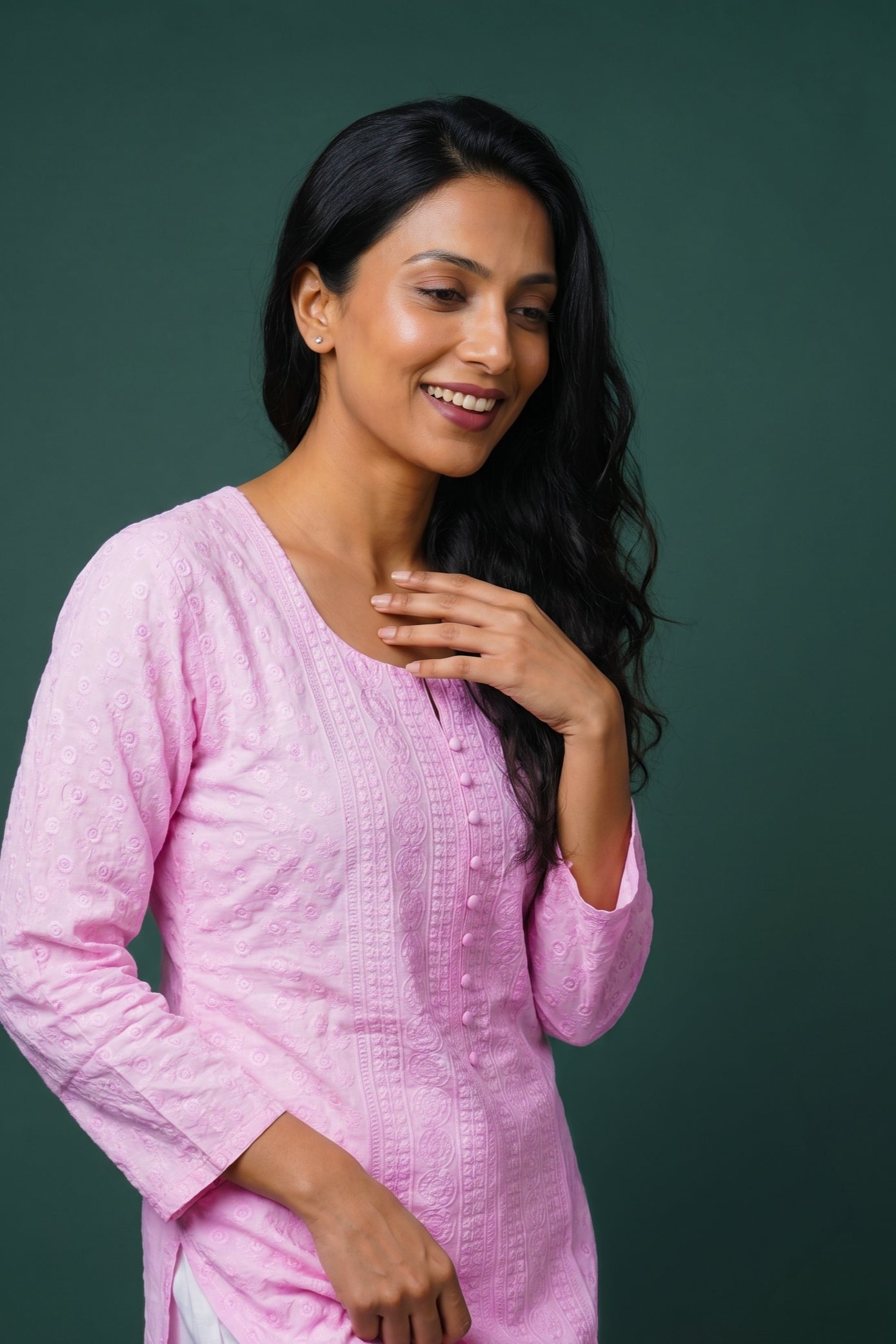 Pink Cotton Chikankari Kurti