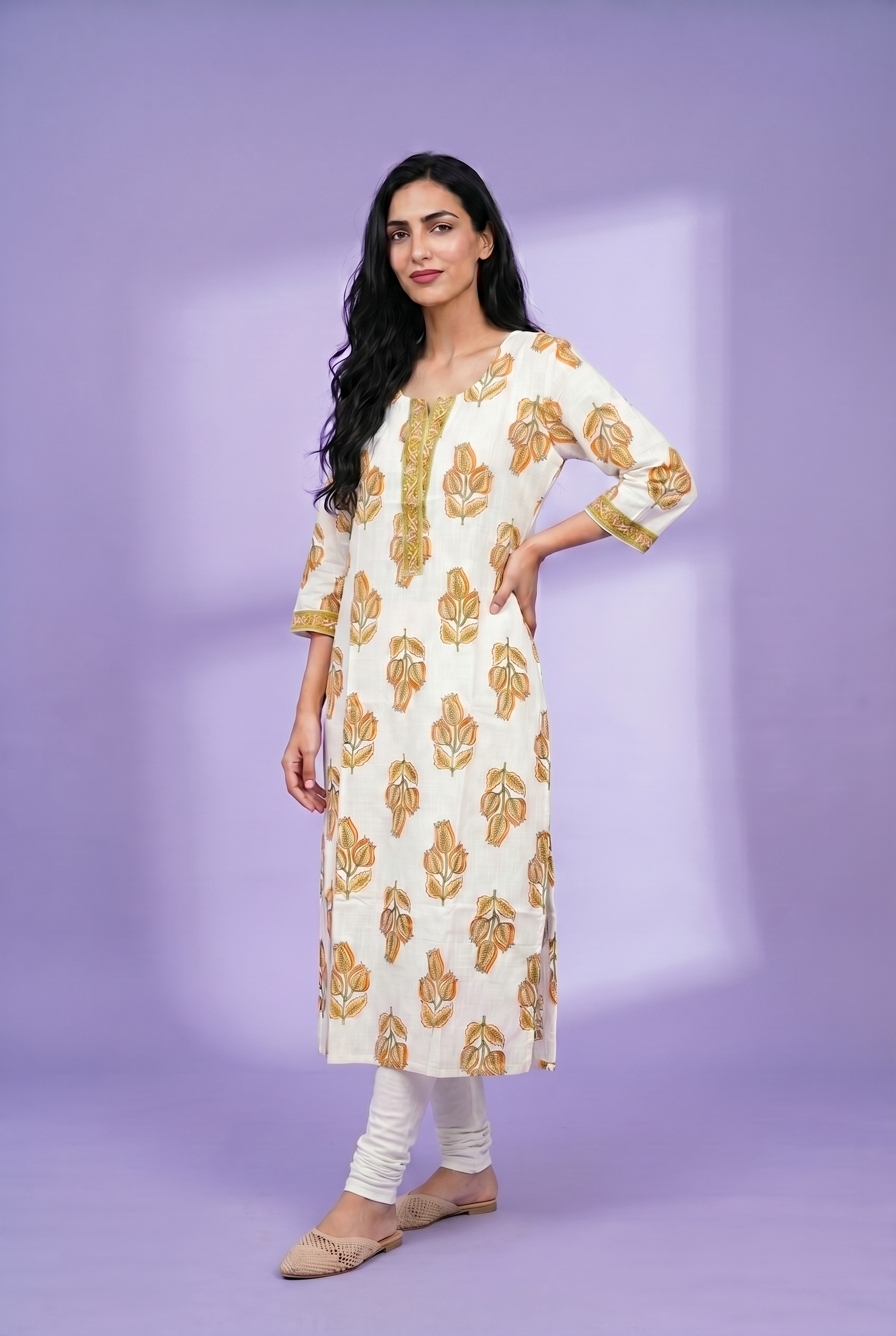Autumn Yellow Cotton Kurti with a Cream Base