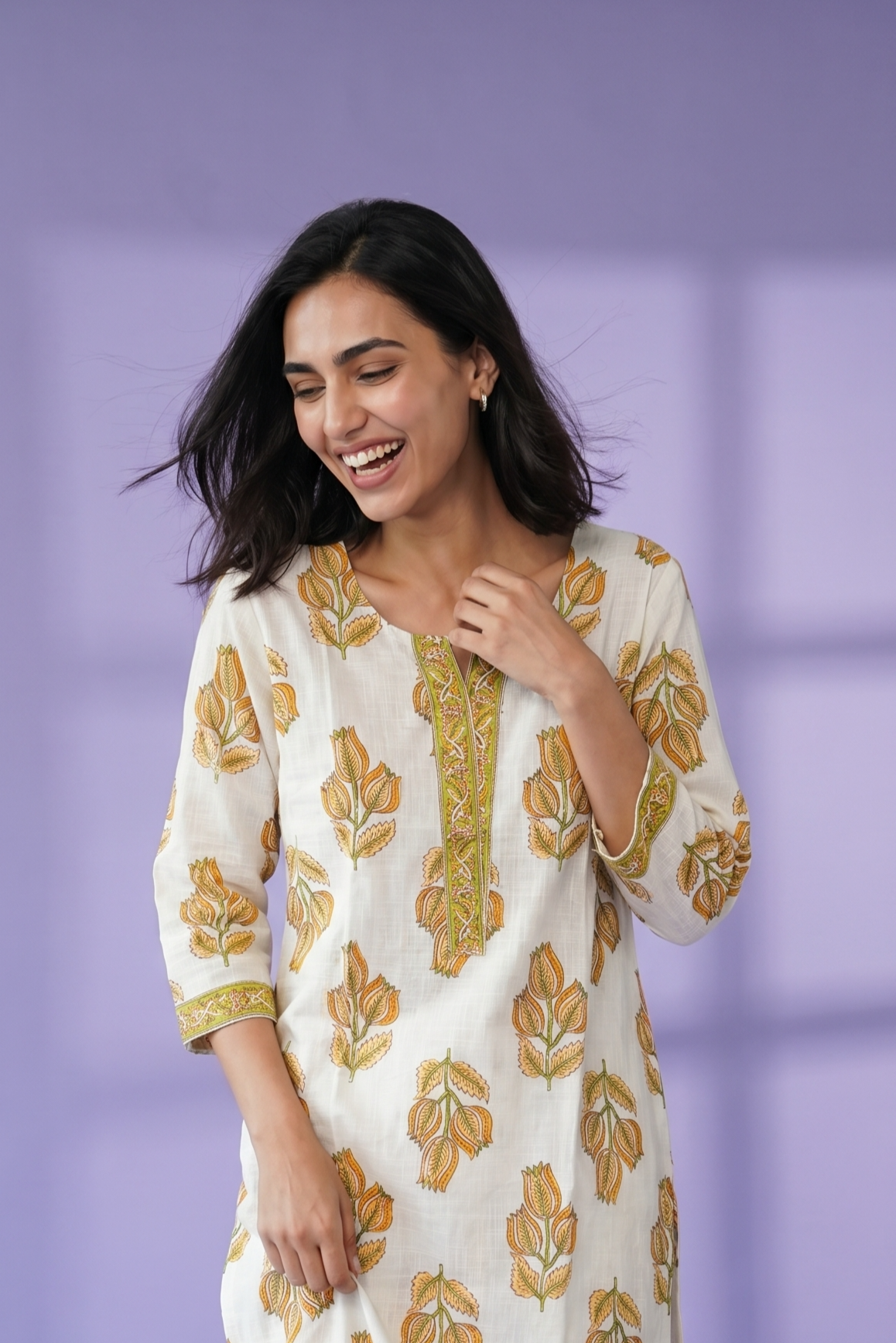 Autumn Yellow Cotton Kurti with a Cream Base