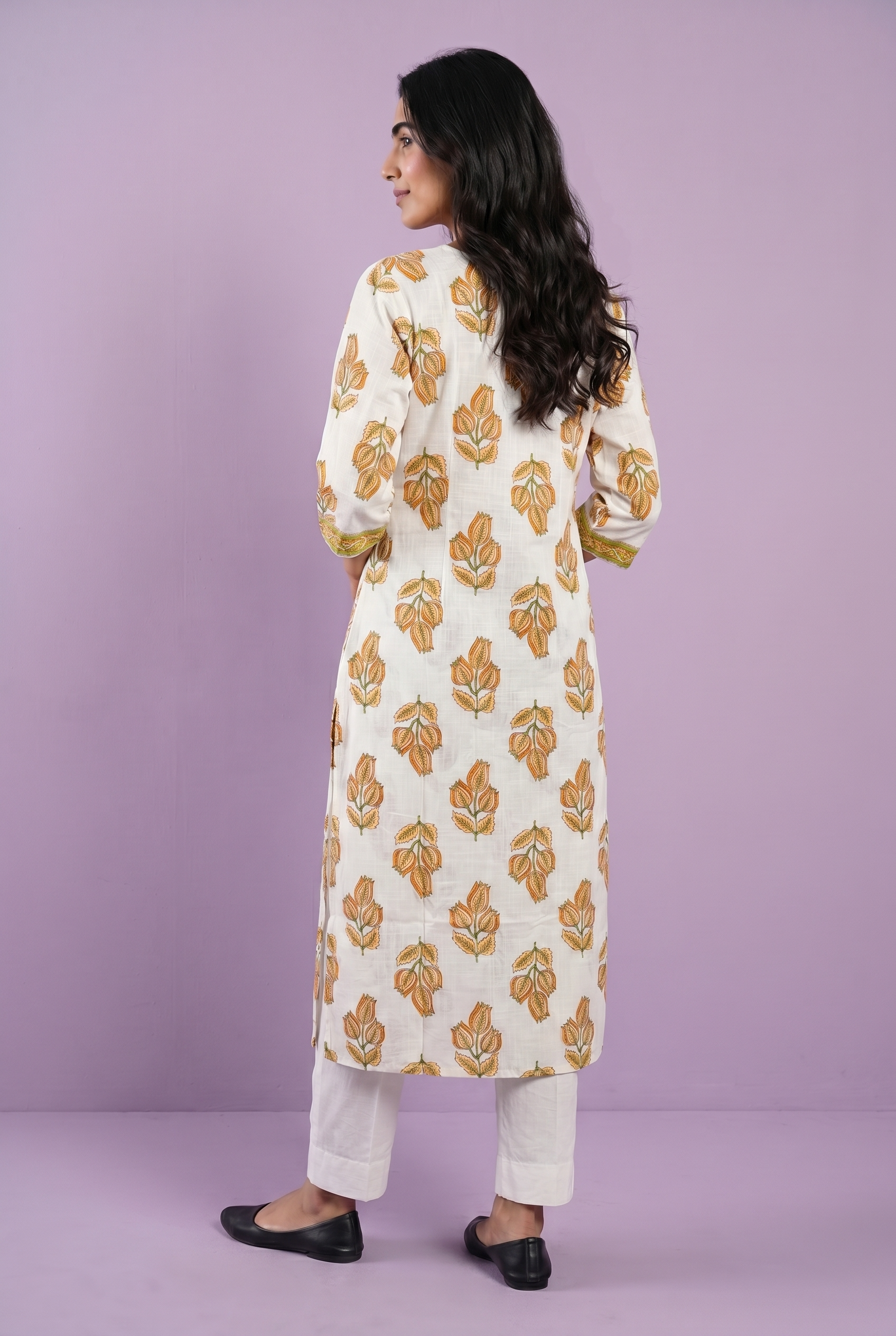 Autumn Yellow Cotton Kurti with a Cream Base