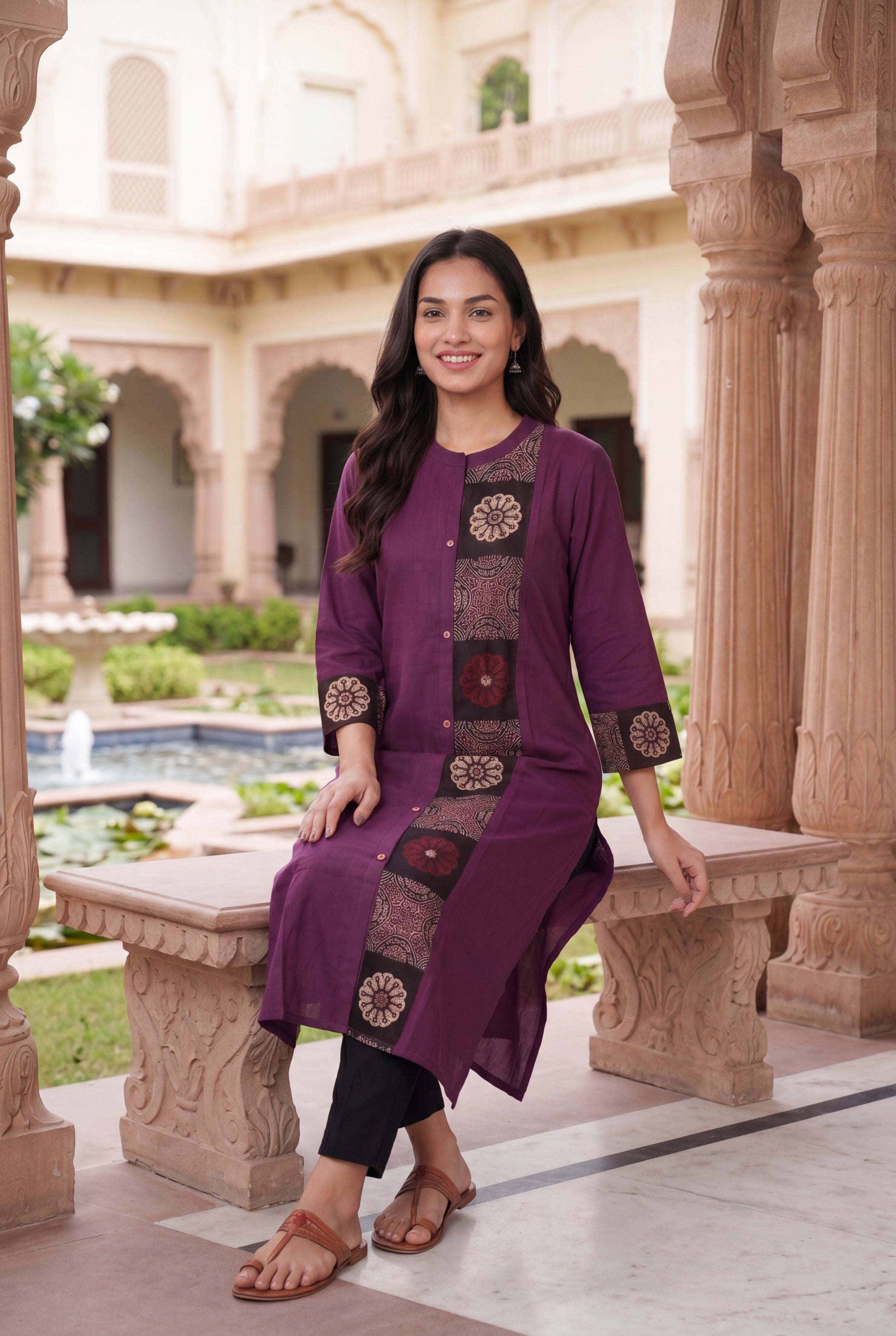 Wine Ajrak Block Print Kurti